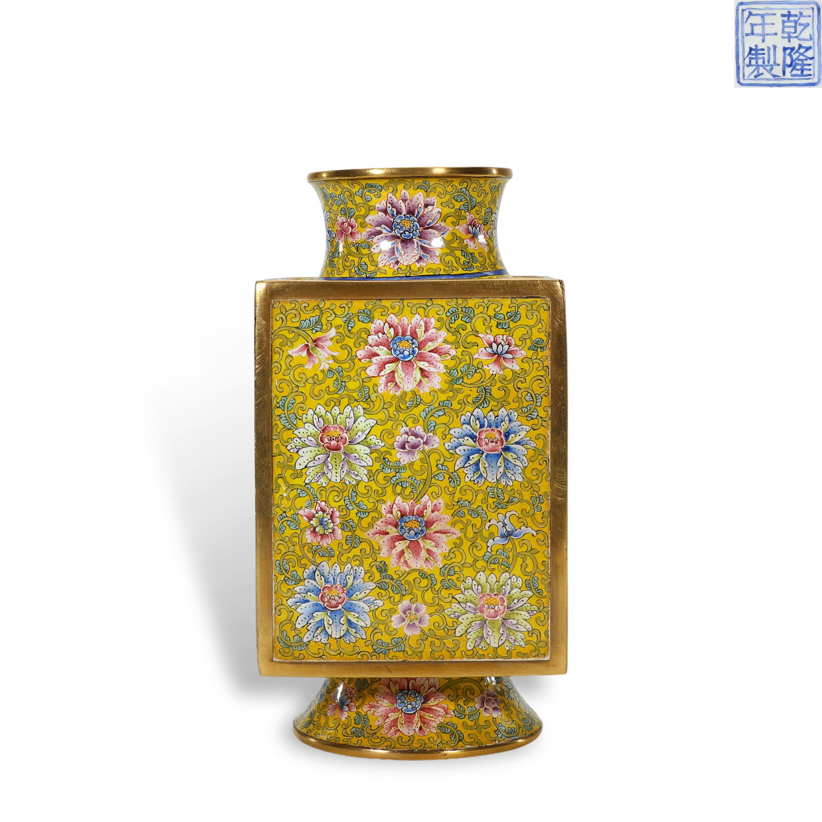 Qing Qianlong period, Enameled Bronze Square Vase with Interlocking Floral Scrolls: Name Qing Qianlong period, Enameled Bronze Square Vase with Interlocking Floral Scrolls Dimensions H:12.8cm W:6.5cm Description