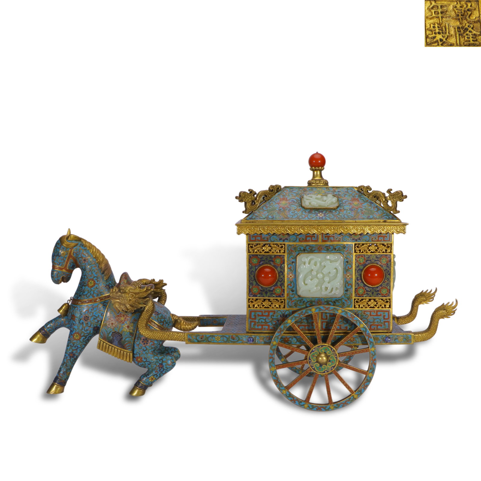 Qing Dynasty Qianlong period, Cloisonn?? carriage ornament inlaid with jade: Name Qing Dynasty Qianlong period, Cloisonn?? carriage ornament inlaid with jade Dimensions H:36cm W:67cm Description