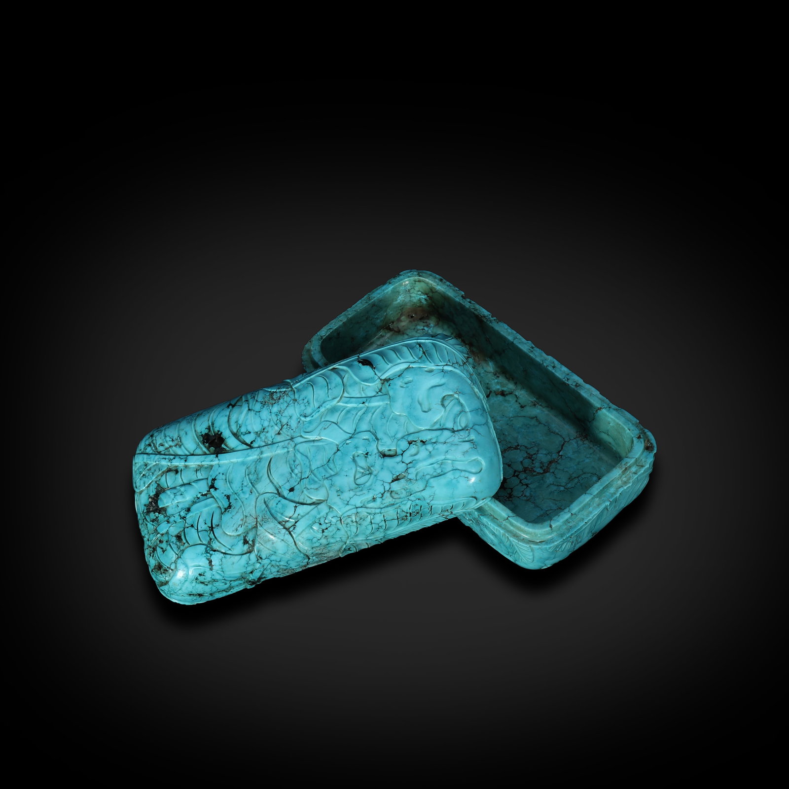 Qing Dynasty, Turquoise Carved Lidded Box with Rockery & Banana Plant (1 of 6)