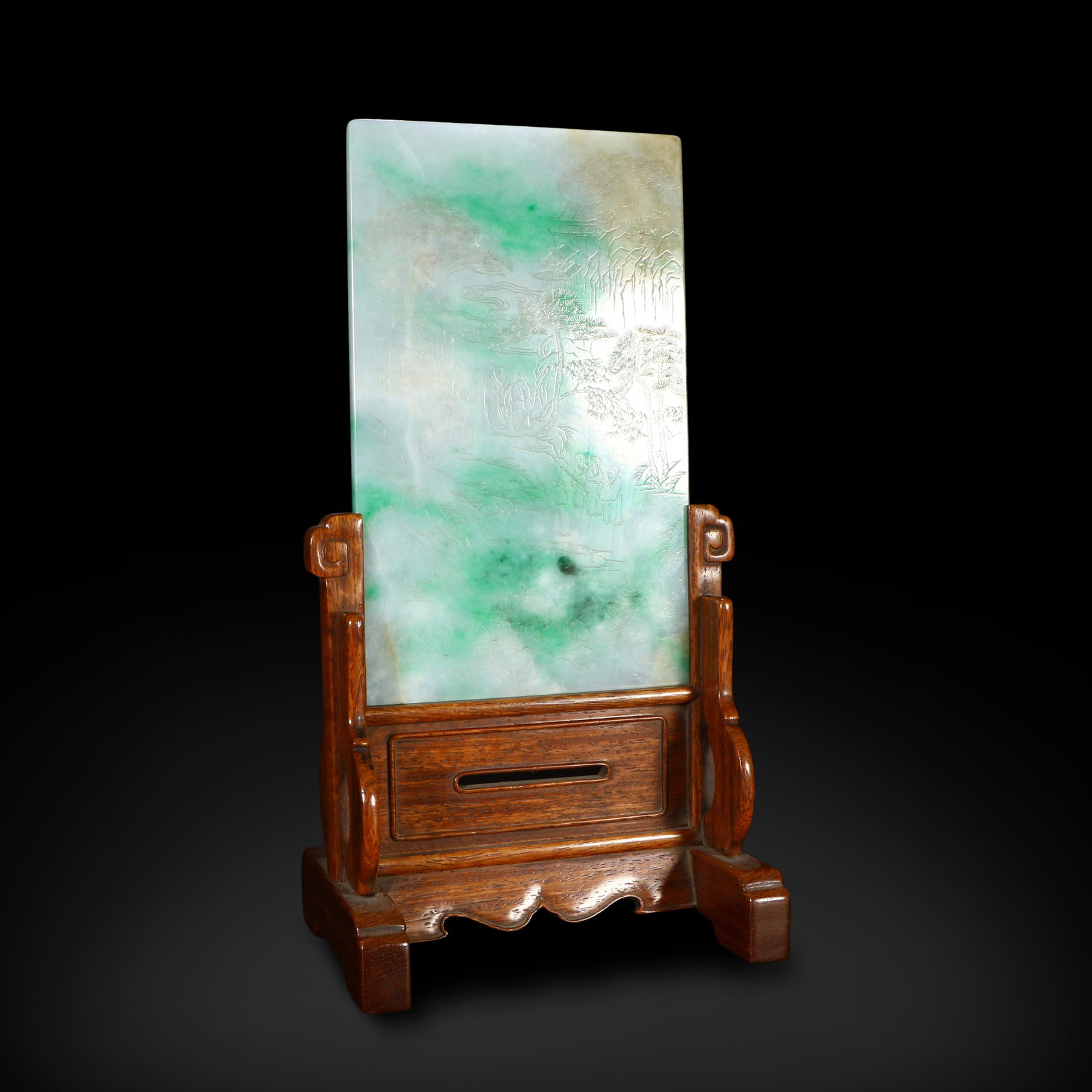 Qing Dynasty Qianlong period, Jadeite table screen carved with landscape, figure and poem: Name Qing Dynasty Qianlong period, Jadeite table screen carved with landscape, figure and poem Dimensions H:23.5cm W:12cm Description
