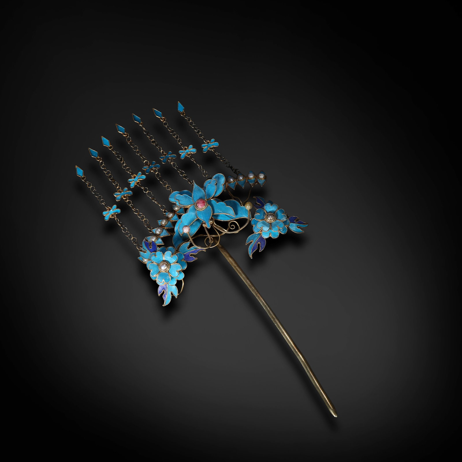 Qing Dynasty, Gilt Silver Kingfisher Feather Floral Hairpin: Name Qing Dynasty, Gilt Silver Kingfisher Feather Floral Hairpin Dimensions L:16cm W:9.5cm Wt:50.7g Description