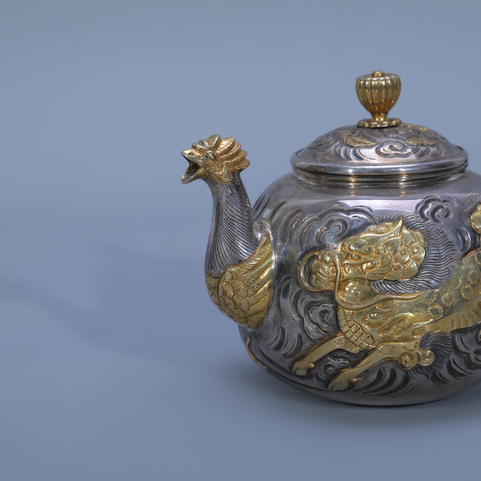 Gilt Solid Silver Teapot with Auspicious Beast - 3