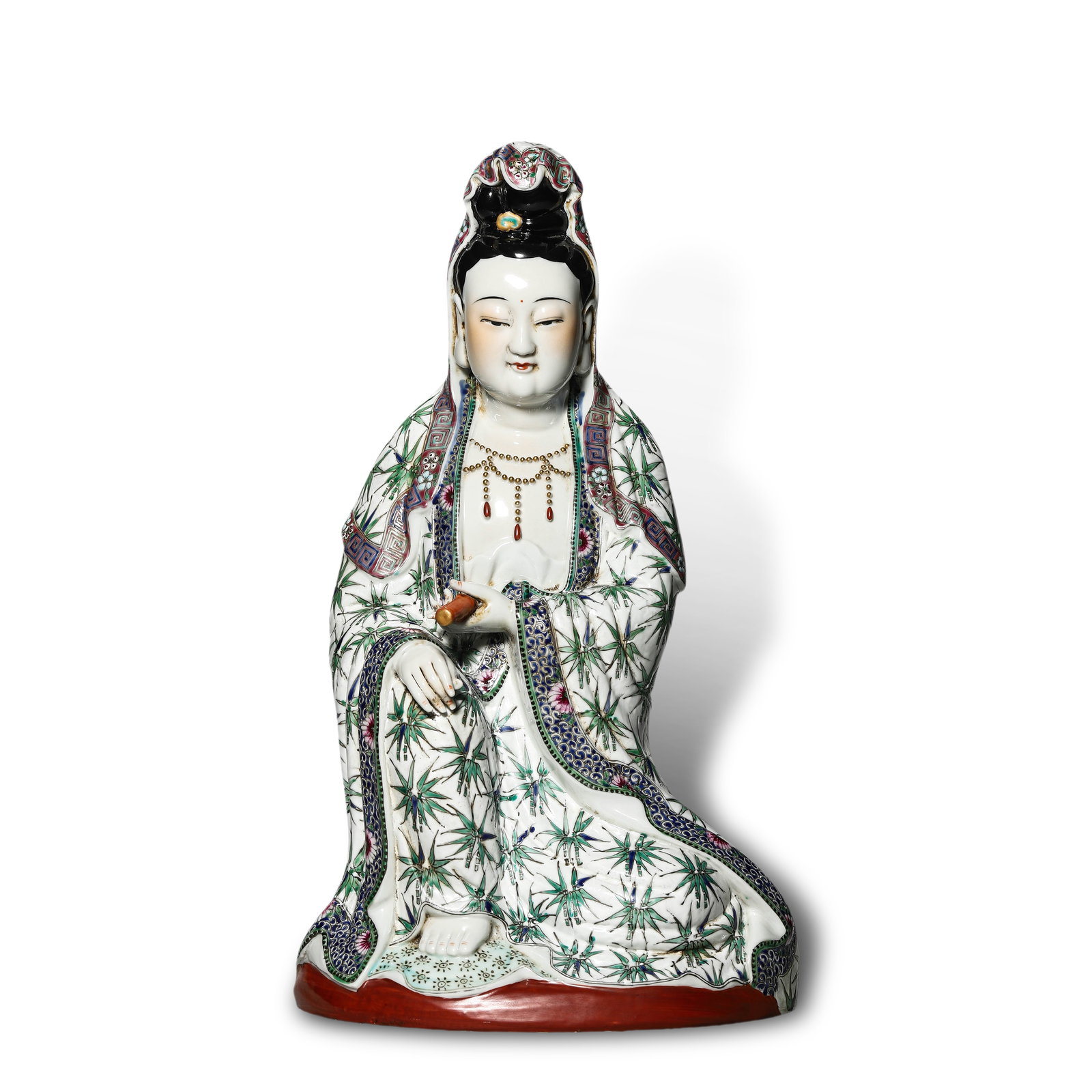 Qing Dynasty, Famille Rose Avalokite?vara Holding Sutra Statue: Name Qing Dynasty, Famille Rose Avalokite?vara Holding Sutra Statue Dimensions H:36cm W:21cm Description
