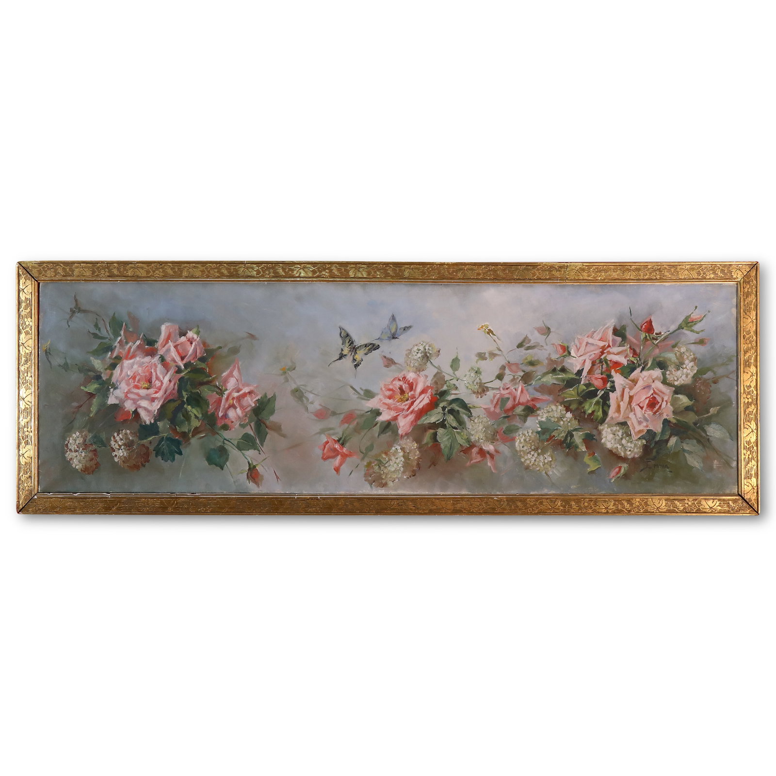 20th Century Oil Painting: Butterfly Love Flower by Italian Painter Emma: Name 20th Century Oil Painting: Butterfly Love Flower by Italian Painter Emma Dimensions 48x143cm Description Category: Oil painting on canvas, set in an antique gilt wood frame carved with