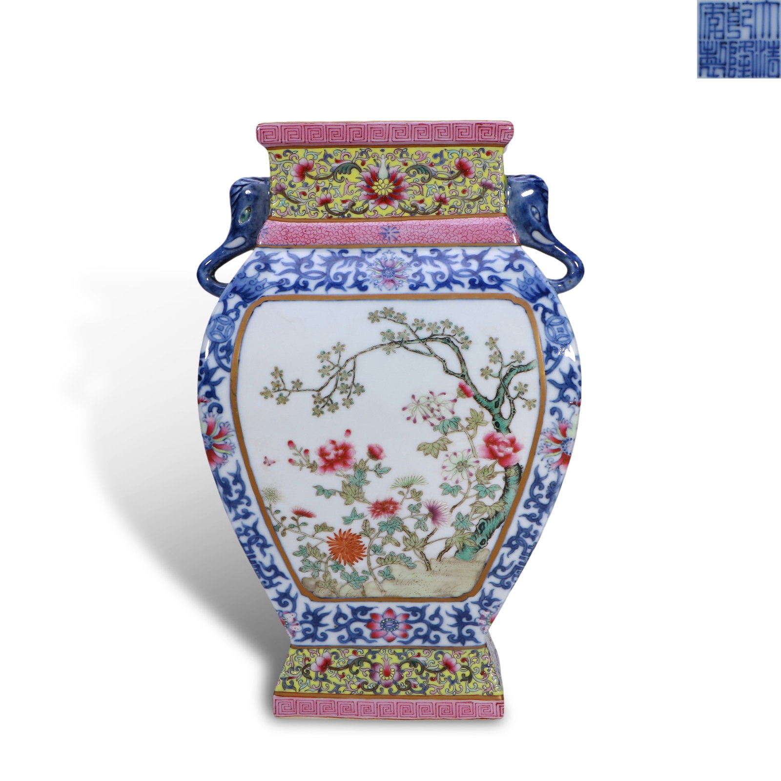 Qing Dynasty Qianlong Period,Blue and White Famille Rose Zun Vase with Floral Patterns and Poems: Name Qing Dynasty Qianlong Period,Blue and White Famille Rose Zun Vase with Floral Patterns and Poems Dimensions H:27cm W:16.5cm Description