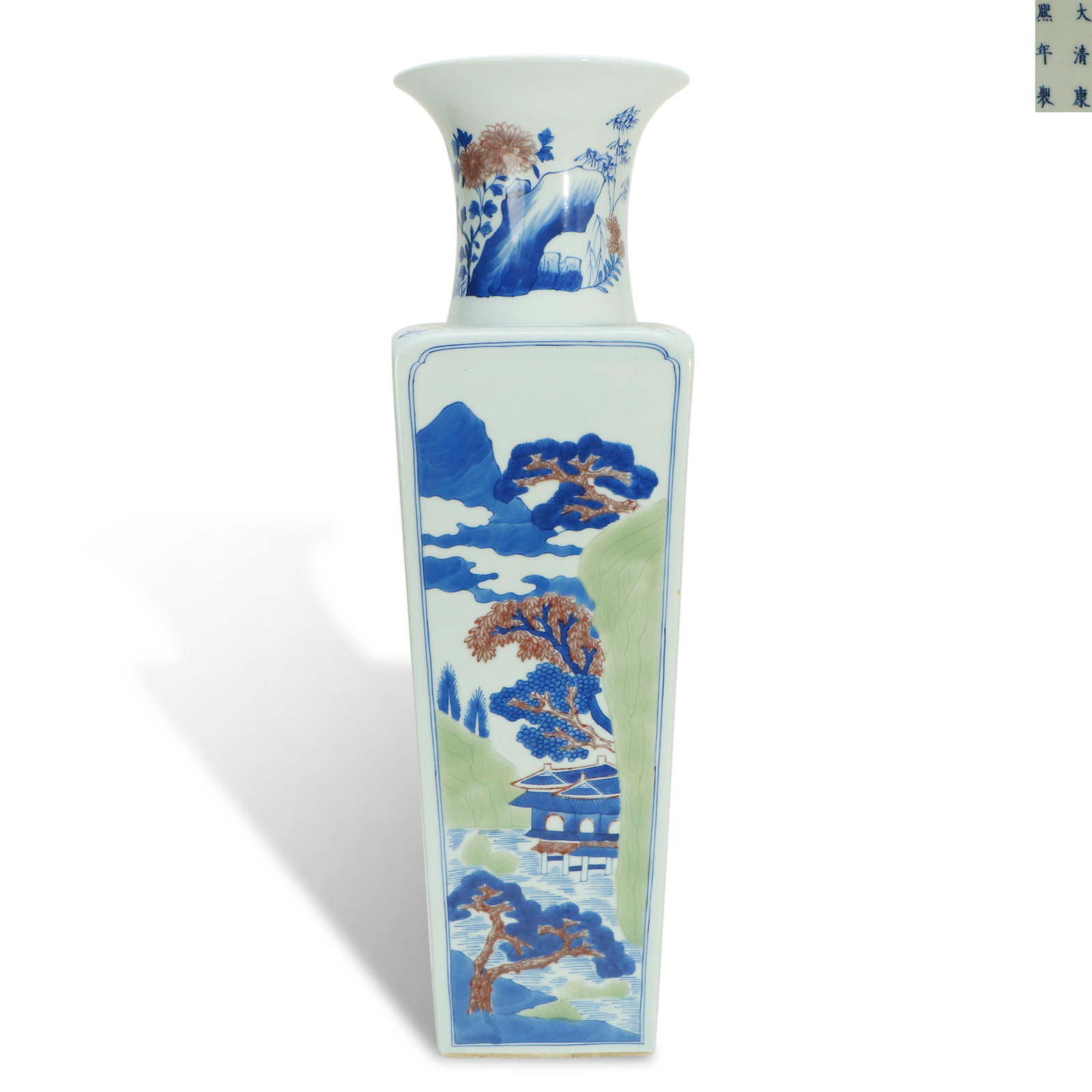 Qing Dynasty Kangxi period, Underglaze three-color vase with "round top and square base" shape,: Name Qing Dynasty Kangxi period, Underglaze three-color vase with "round top and square base" shape, decorated with pavilion and tower patterns Dimensions H:54.5cm W:15cm Description