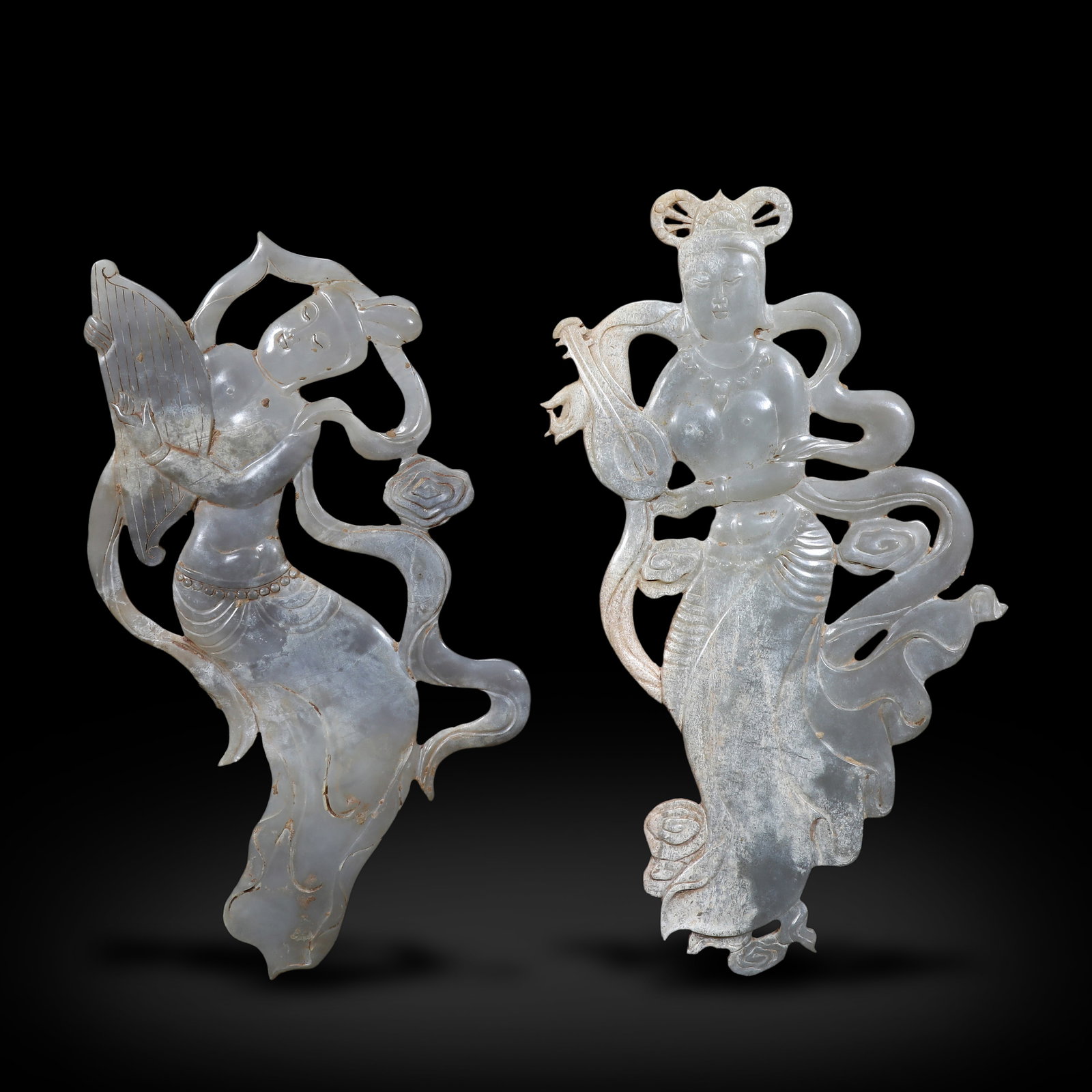 Tang Dynasty, Jade Flying Apsaras: Name Tang Dynasty, Jade Flying Apsaras Dimensions H:26.5cm W:14cm/H:25.5cm W:15cm Description