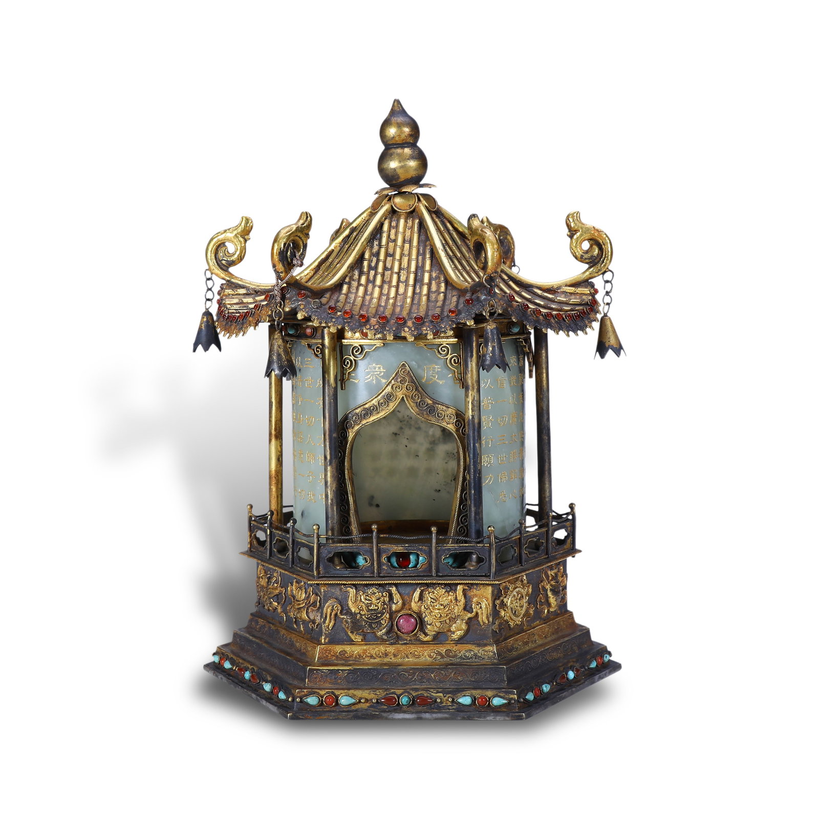 Tang Dynasty, Gilt Silver Jade-inlaid Scripture Niche: Name Tang Dynasty, Gilt Silver Jade-inlaid Scripture Niche Dimensions H:19.8cm W:14.5cm Description