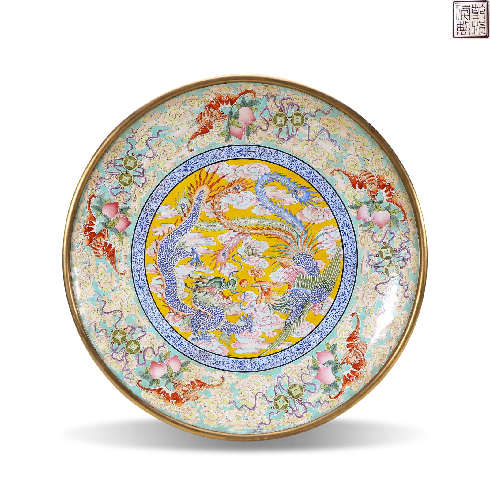 Qing Dynasty Qianlong period, Enamel-on-copper appreciation plate with dragon and phoenix patterns: Name Qing Dynasty Qianlong period, Enamel-on-copper appreciation plate with dragon and phoenix patterns Dimensions D:38.5cm Description