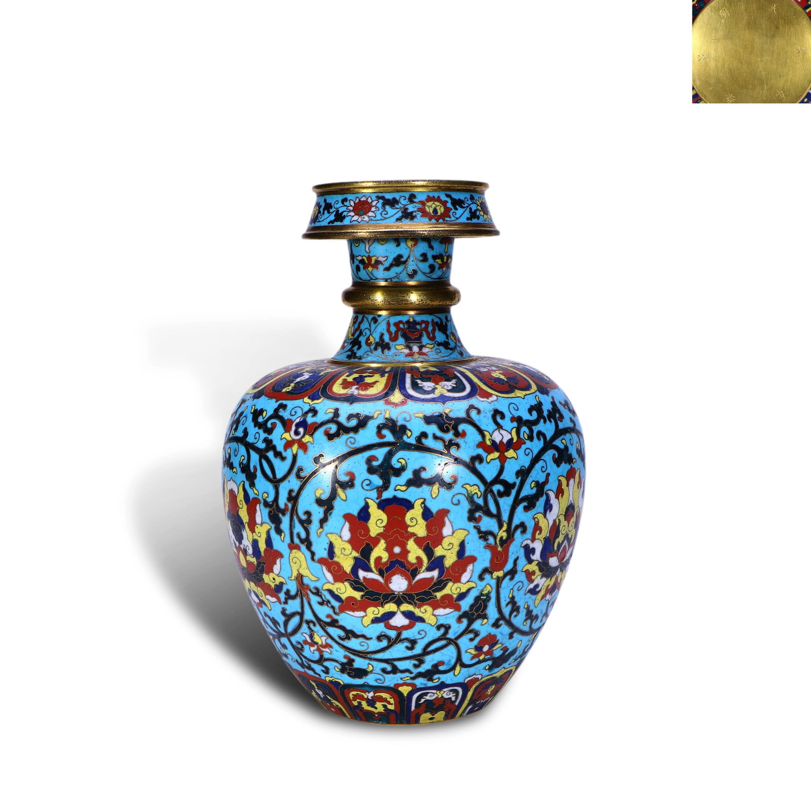 Ming Dynasty Jingtai Period,Cloisonn?? Enamel Tibetan Vase with Lotus and Eight Auspicious Symbols: Name Ming Dynasty Jingtai Period,Cloisonn?? Enamel Tibetan Vase with Lotus and Eight Auspicious Symbols Dimensions H:25cm D:17cm Description