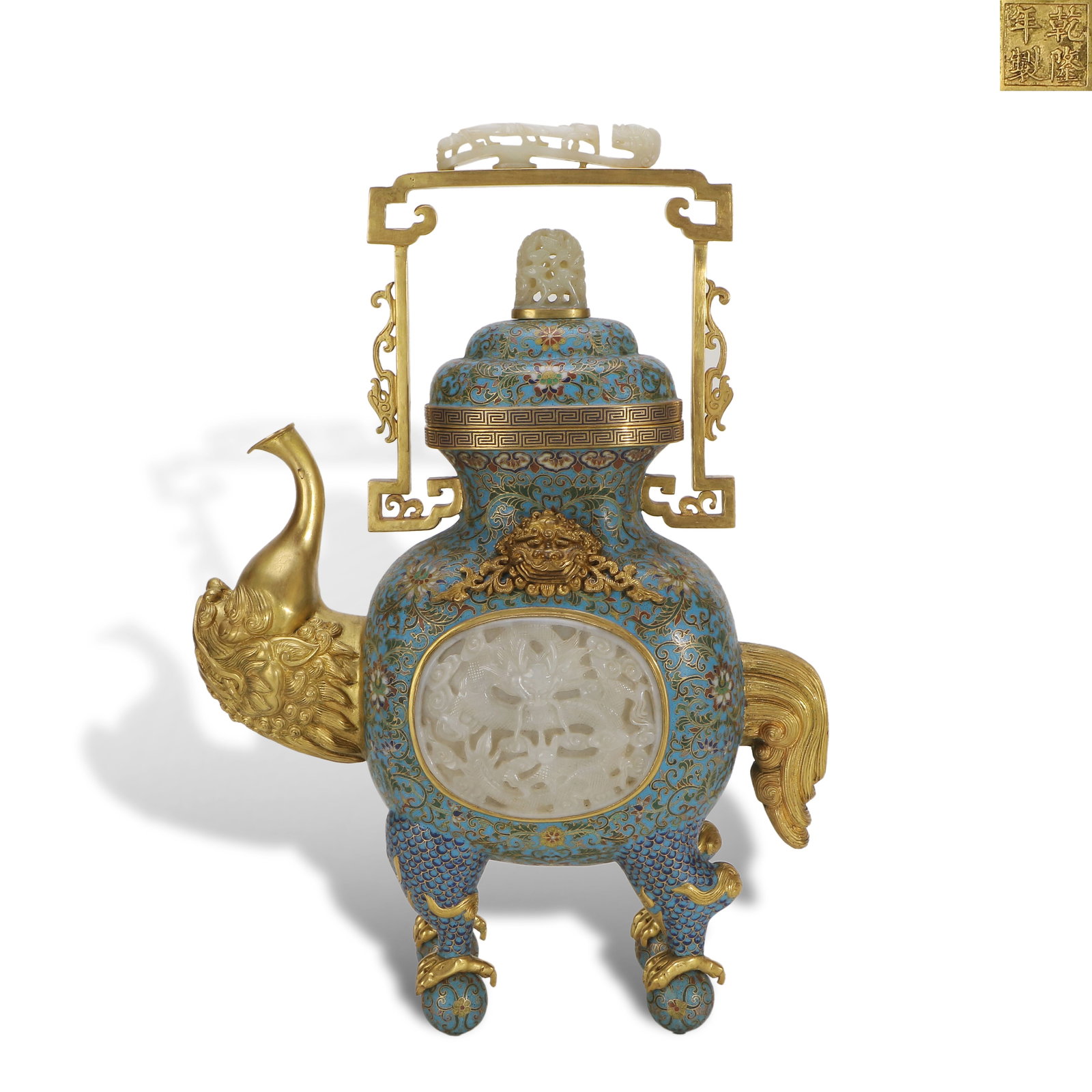 Qing Dynasty Qianlong period, Cloisonn?? lion-shaped pot inlaid with Hetian jade: Name Qing Dynasty Qianlong period, Cloisonn?? lion-shaped pot inlaid with Hetian jade Dimensions H:42.5cm W:29.8cm Description