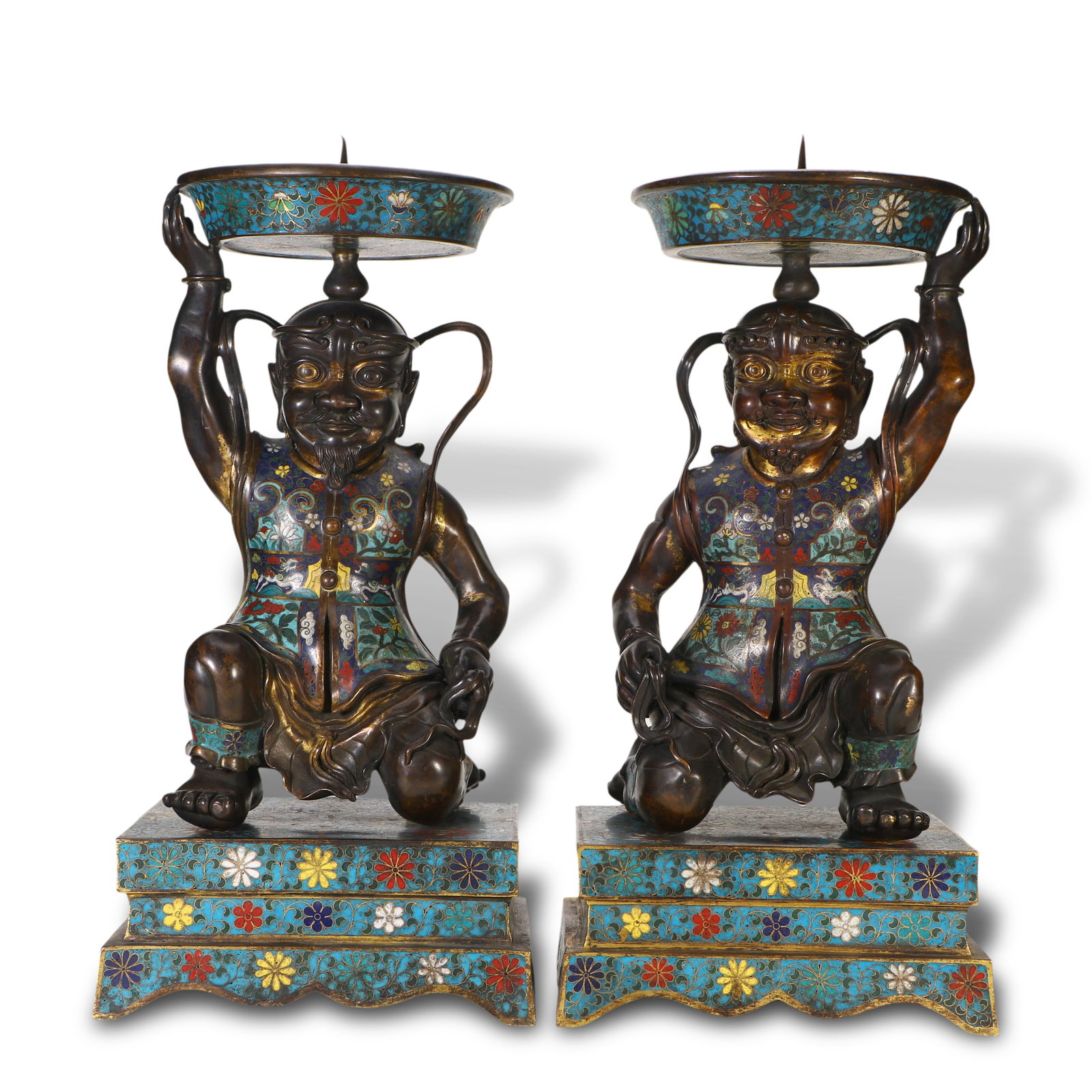 Qing Dynasty Pair of Cloisonn?? Enamel Candlesticks of Foreigners Paying Tribute: Name Qing Dynasty Pair of Cloisonn?? Enamel Candlesticks of Foreigners Paying Tribute Dimensions H:42cm W:21cm Description