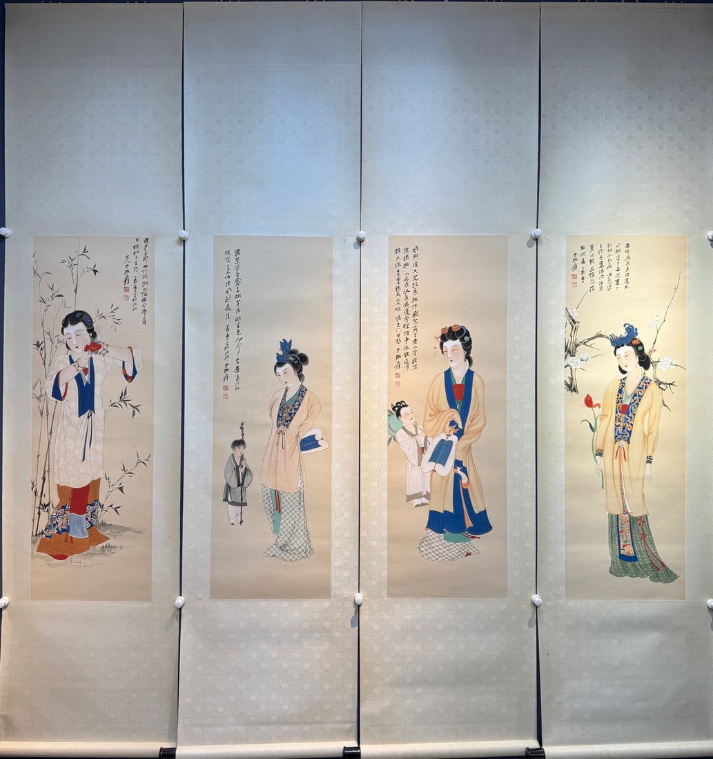 Zhang Daqian Figure Four-panel Screen: Name Zhang Daqian Figure Four-panel Screen Dimensions 104x34cmx4 Description