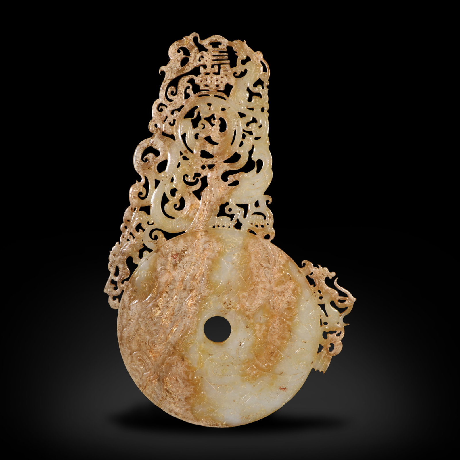 Han Dynasty Jade bi disc with raised dragon and phoenix patterns, inscribed "Chang Le": Name Han Dynasty Jade bi disc with raised dragon and phoenix patterns, inscribed "Chang Le" Dimensions H:30.1cm W:19.2cm Description