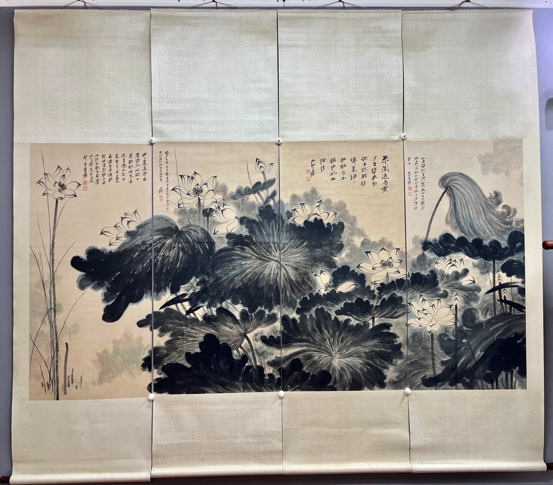 Zhang Daqian Four-panel Panoramic Lotus Screen: Name Zhang Daqian Four-panel Panoramic Lotus Screen Dimensions 60x128cmx4 Description