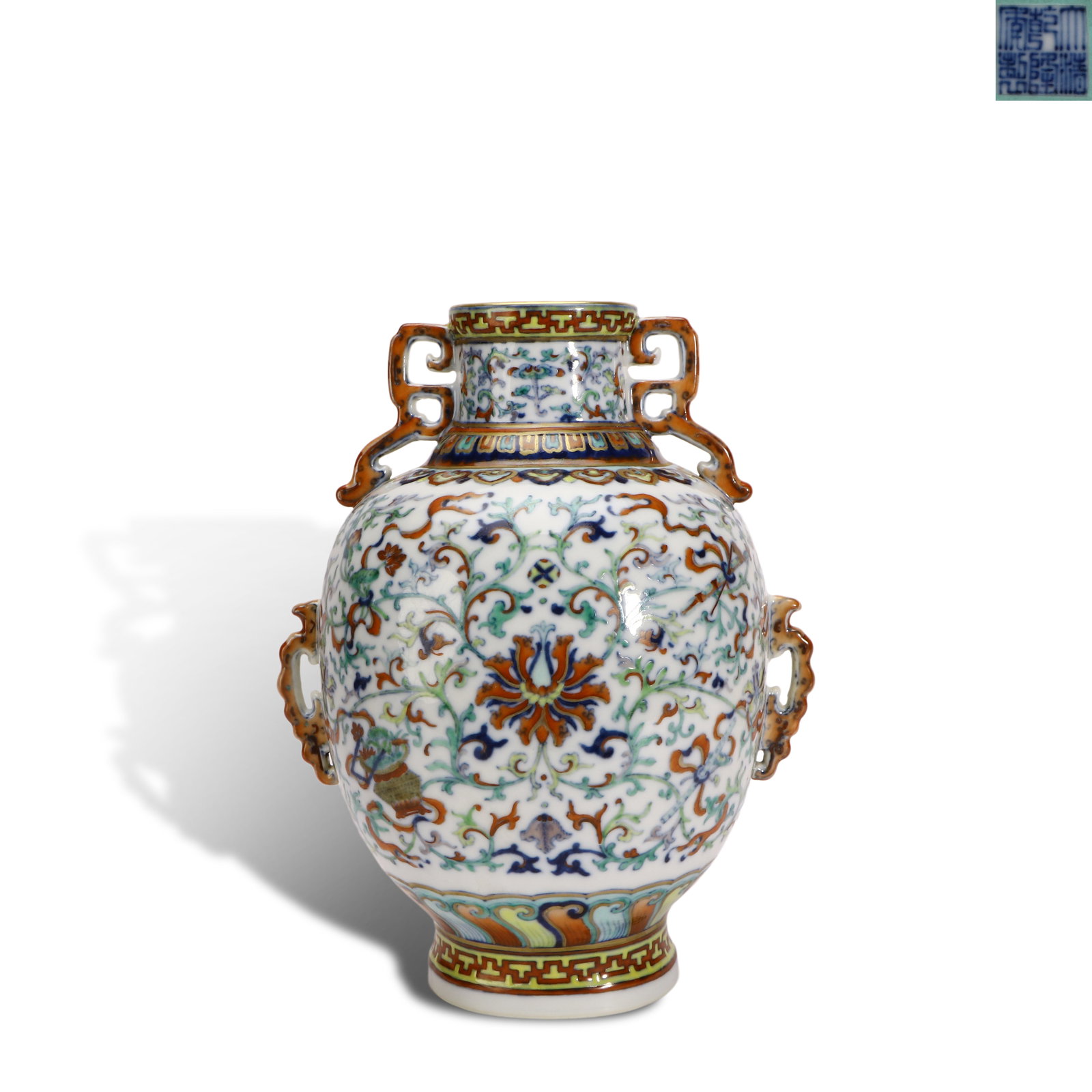 Qing Dynasty Qianlong period, Doucai multi-ear vase with Eight Immortals' Attributes, interlocking: Name Qing Dynasty Qianlong period, Doucai multi-ear vase with Eight Immortals' Attributes, interlocking lotus and ribbon patterns Dimensions H:13.7cm W:18.6cm Description