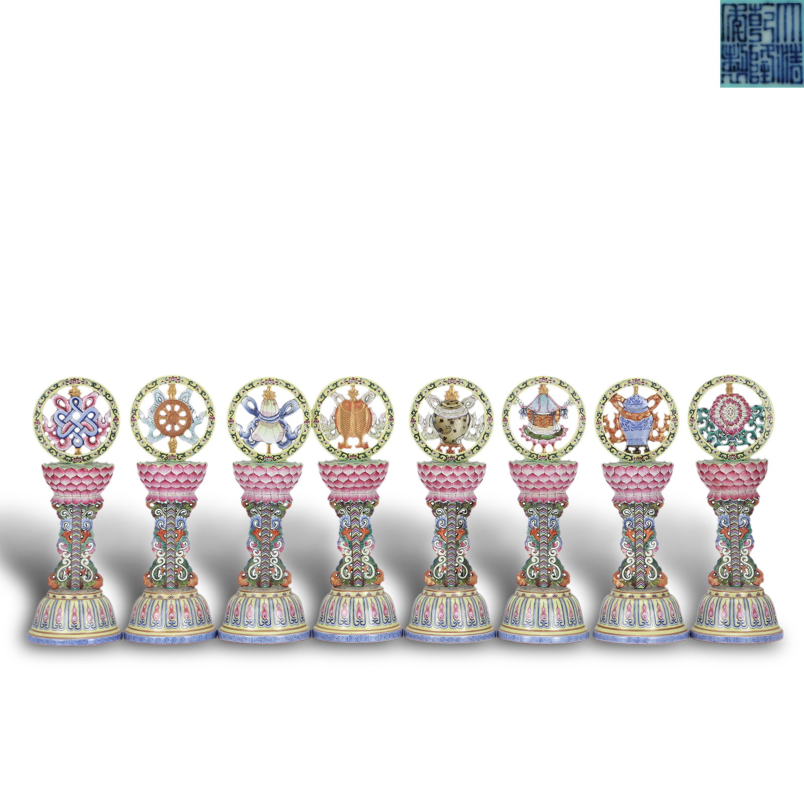 Qing Dynasty Daoguang period, A set of famille rose offering vessels with lotus stand and Eight: Name Qing Dynasty Daoguang period, A set of famille rose offering vessels with lotus stand and Eight Treasures Dimensions H:31.2cm W:11cm Description