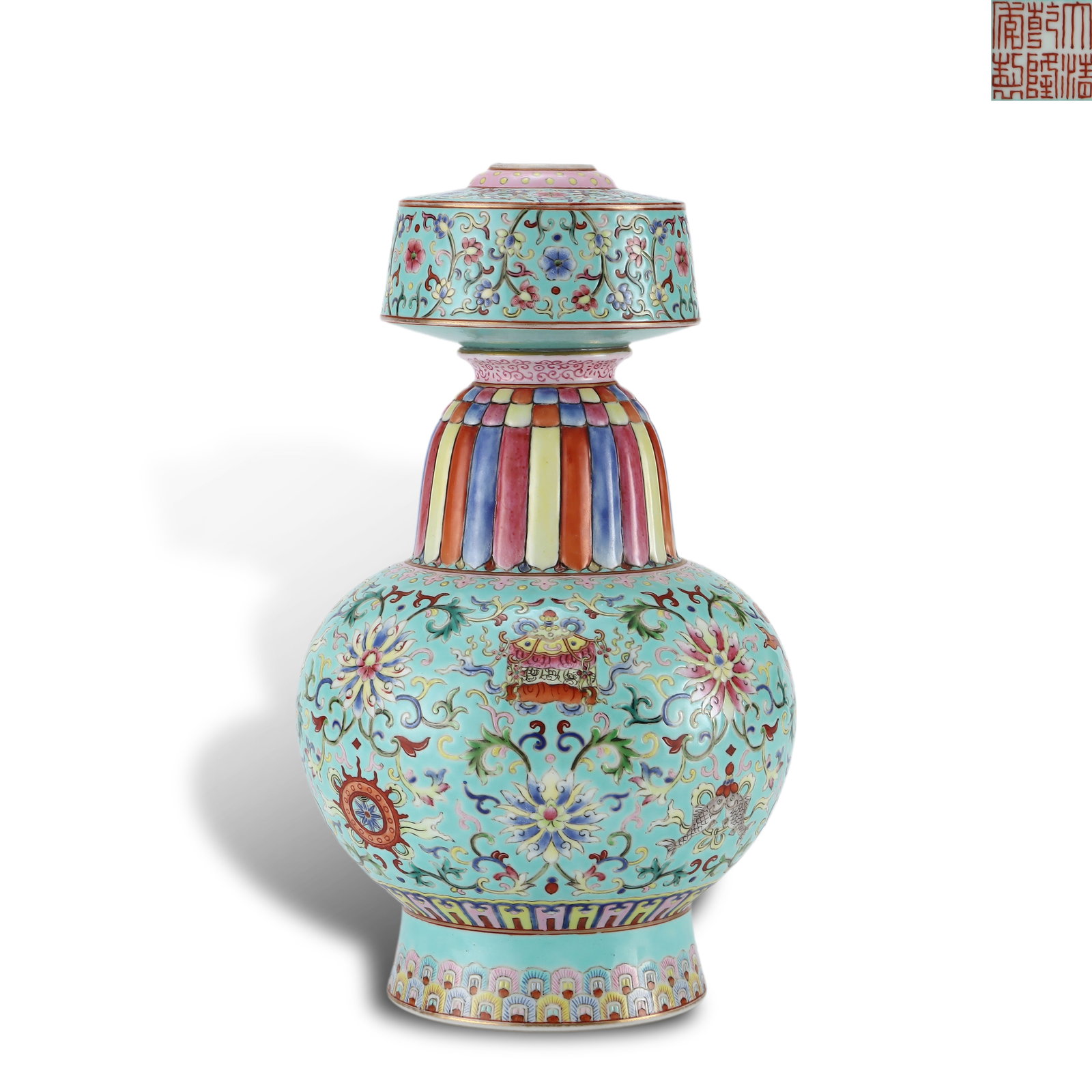 Qing Dynasty Qianlong Period,Turquoise-Ground Famille Rose Benba Vase with Eight Auspicious Symbols: Name Qing Dynasty Qianlong Period,Turquoise-Ground Famille Rose Benba Vase with Eight Auspicious Symbols Dimensions H:26.7cm D:16.2cm Description