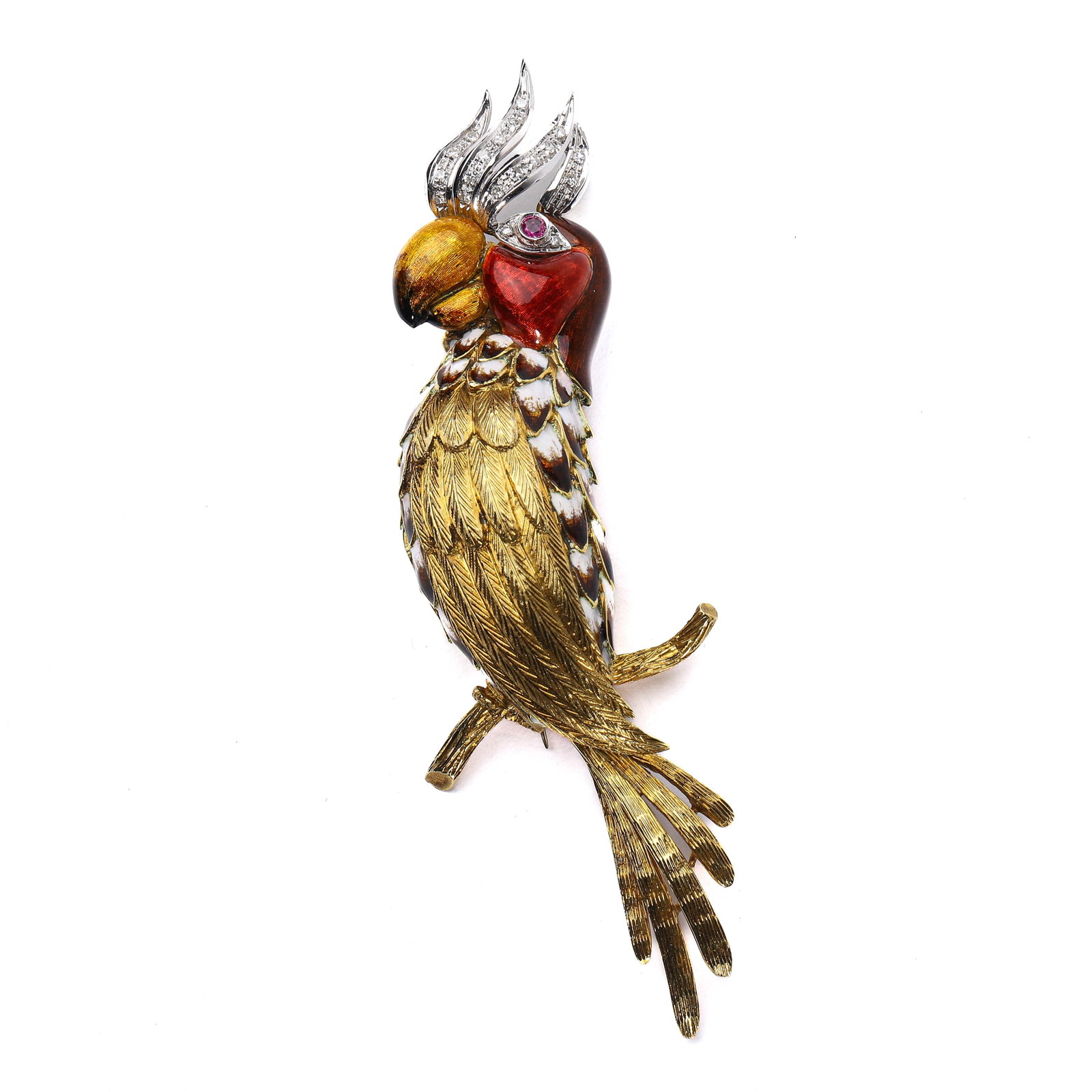 RETRO ITALIAN CUSTOM 18K GOLD PARROT BROOCH: This exquisite Retro-period Italian custom-made parrot brooch showcases a meticulous combination of artistry and craftsmanship. The piece is handcrafted in 18K two-tone gold, featuring intricate