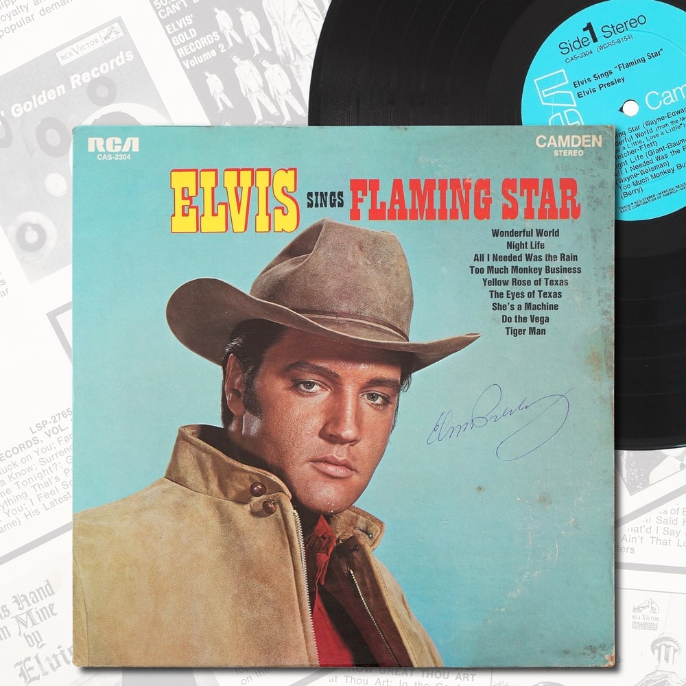 ELVIS PRESLEY, SIGNED "ELVIS SINGS FLAMING STAR" LP: 12 1/4 x 12 1/4 Provenance and Authentication: This collectible has undergone a rigorous forensic evaluation. The signatures were carefully analyzed across multiple criteria, including ink