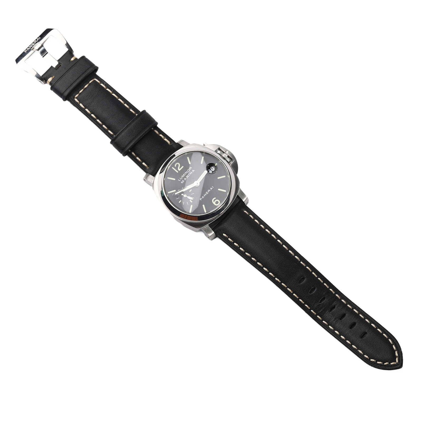 PANERAI LUMINOR MARINA AUTOMATIC WRISTWATCH, REF. OP 6560: Case diameter: 1 13/16 in. (45.4 mm)?Overall length: 10 in. (25.5 cm) This Panerai Luminor Marina automatic wristwatch features a substantial 45.4 mm stainless steel case with a black dial, luminous