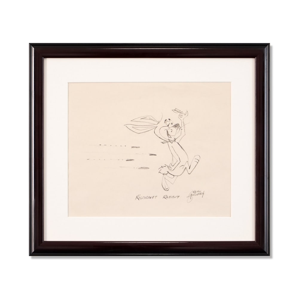 DICK BICKENBACH, SIGNED RICOCHET RABBIT DRAWING: Image Dimensions: 12 1/4 x 10 in (31 x 25.5 cm) Framed Dimensions: 18 1/4 x 16 1/8 in (46.5 x 41 cm) Provenance and authentication: This collectible has undergone a rigorous forensic evaluation. The