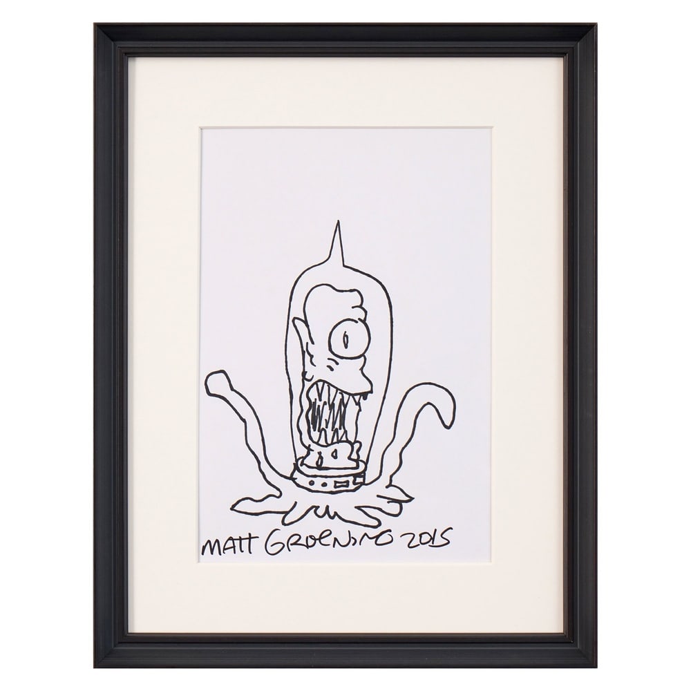 MATT GROENING, SIGNED SKETCH: Image Dimensions: 11 3/8 x 7 1/2 in (29 x 19 cm) Framed Dimensions: 16 3/4 x 13 in (42.5 x 33 cm) Provenance and authentication: This collectible has undergone a rigorous forensic evaluation. The