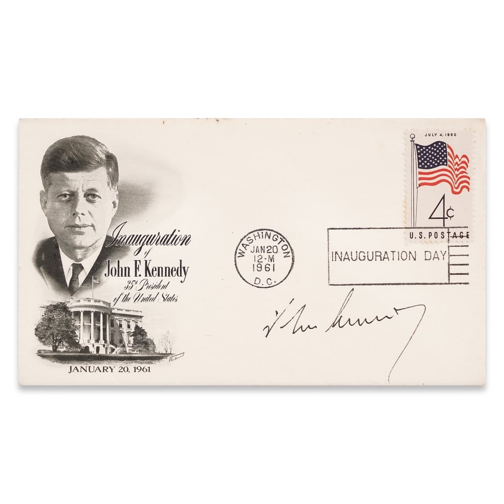 JOHN F. KENNEDY SIGNED 1961 INAUGURATION COVER: 6 1/2 x 3 5/8 in (16.5 x 9.2 cm) Provenance and Authentication: This collectible has undergone a rigorous forensic evaluation. The signatures were carefully analyzed across multiple criteria,