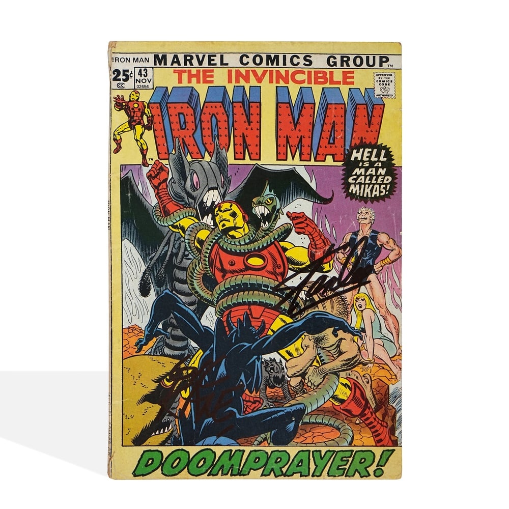 STAN LEE AND GIL KANE, SIGNED THE INVINCIBLE IRON MAN NO. 43 (NOVEMBER 1971): 10 1/4 x 6 7/8 in (26 x 17.6 cm) Stan Lee stands as one of the most influential architects in the history of modern popular culture. As the creative force behind the Marvel Universe, Lee reshaped