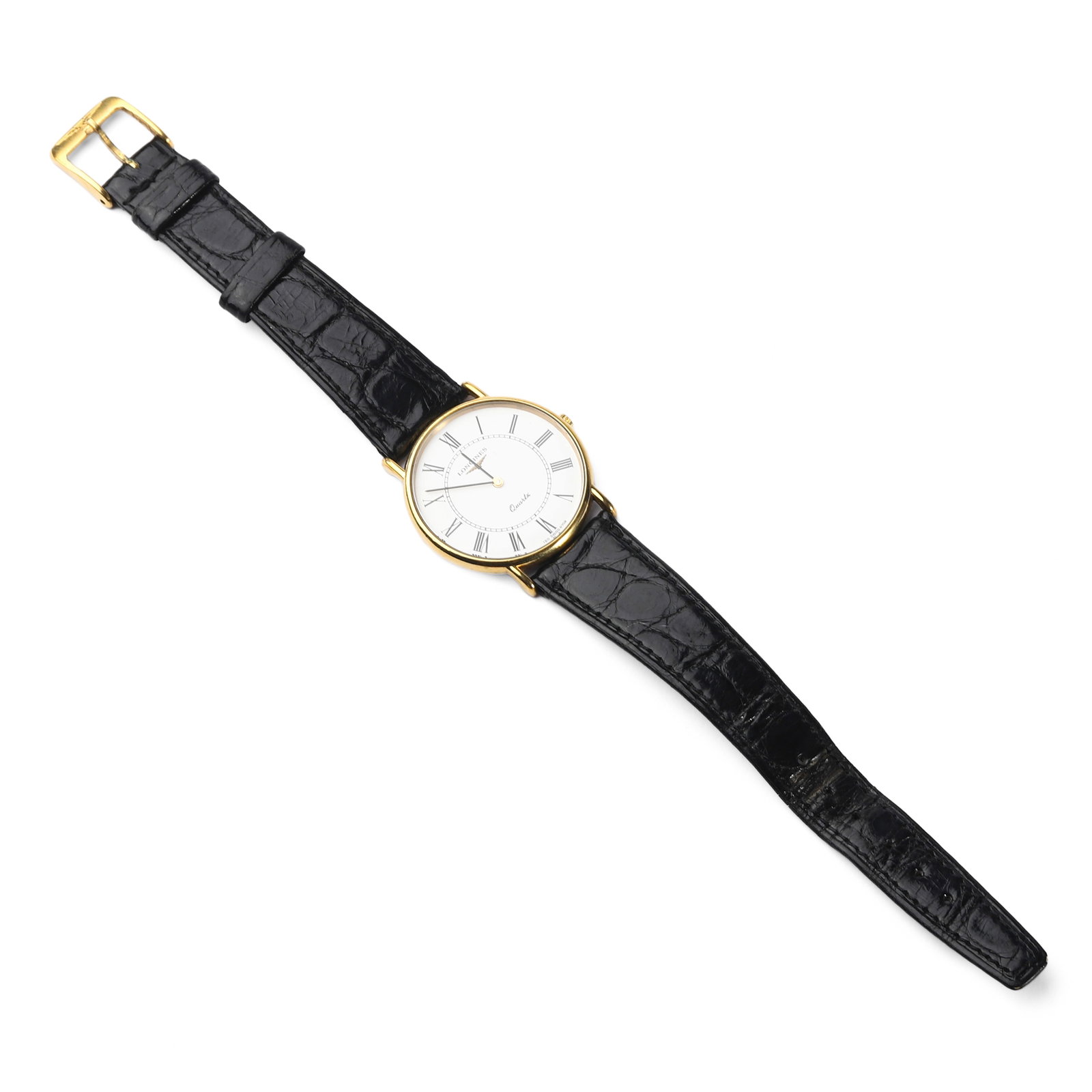 LONGINES QUARTZ WRISTWATCH WITH ROMAN NUMERAL DIAL: Dial diameter: 1 5/16 in. (33.5 mm)?Overall length: 8 7/8 in. (22.5 cm) A classic Longines quartz wristwatch featuring a round white dial with black Roman numeral hour markers and two central hands.