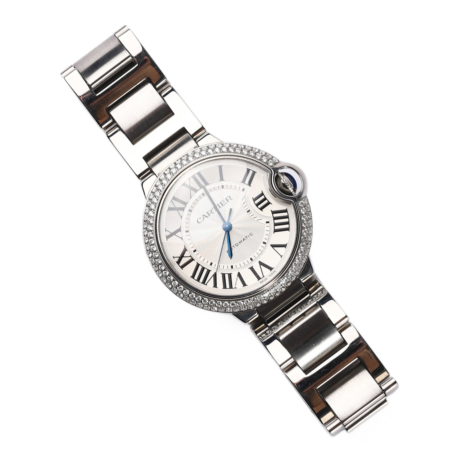 CARTIER BALLON BLEU STAINLESS STEEL AUTOMATIC WRISTWATCH WITH DIAMOND BEZEL: Dimensions: Dial diameter approx. 1 1/2 in. (38.3 mm) A Cartier Ballon Bleu wristwatch featuring a silvered guilloch?? dial with bold Roman numeral hour markers, sword-shaped blued steel hands, and a 