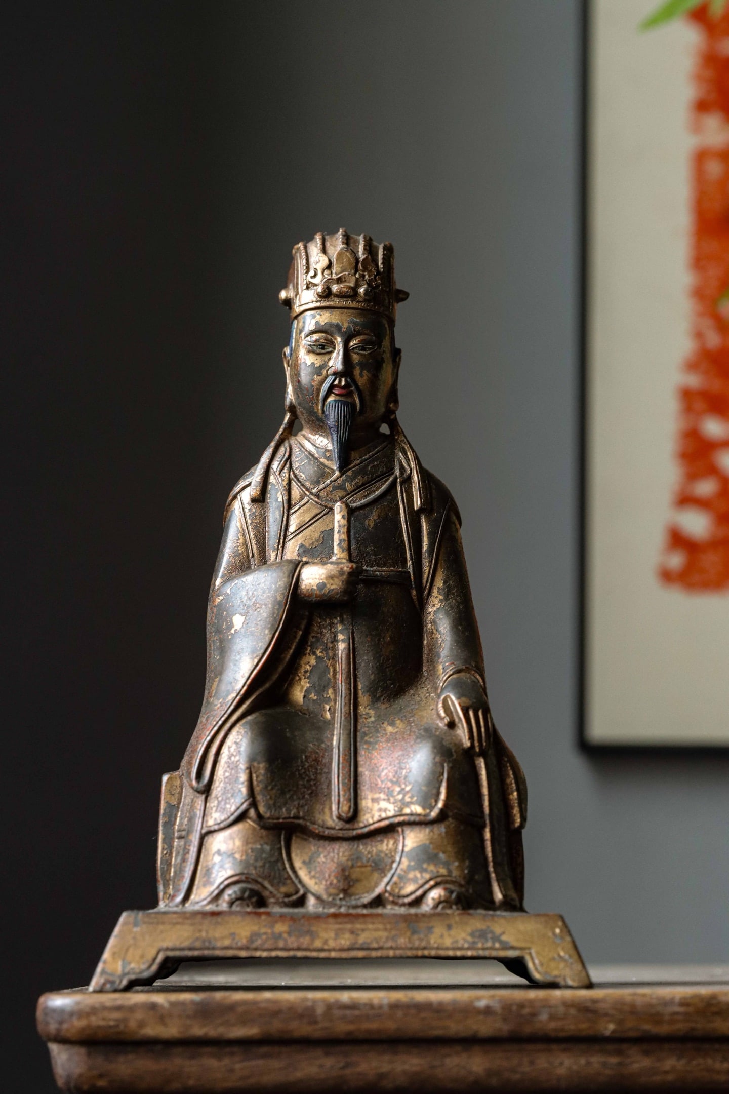 QING DYNASTY BRONZE LACQUERED GOLD SEATED STATUE OF THE TAOIST DEITY WENCHEN (1 of 7)