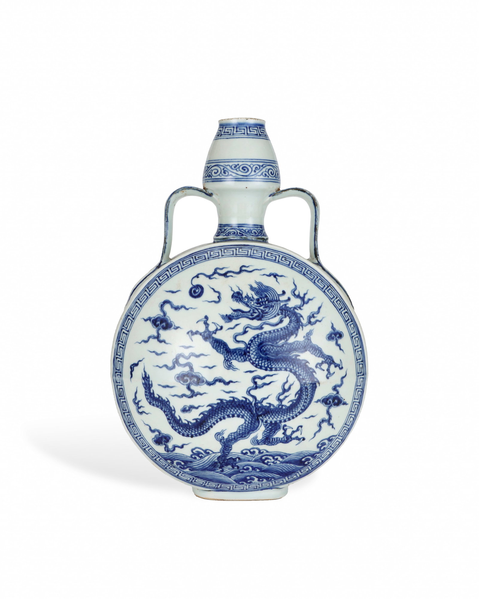 MING XUANDE BLUE AND WHITE DRAGON PATTERN DOUBLE-EARED FLAT BOTTLE: L: 20cm H: 30cm