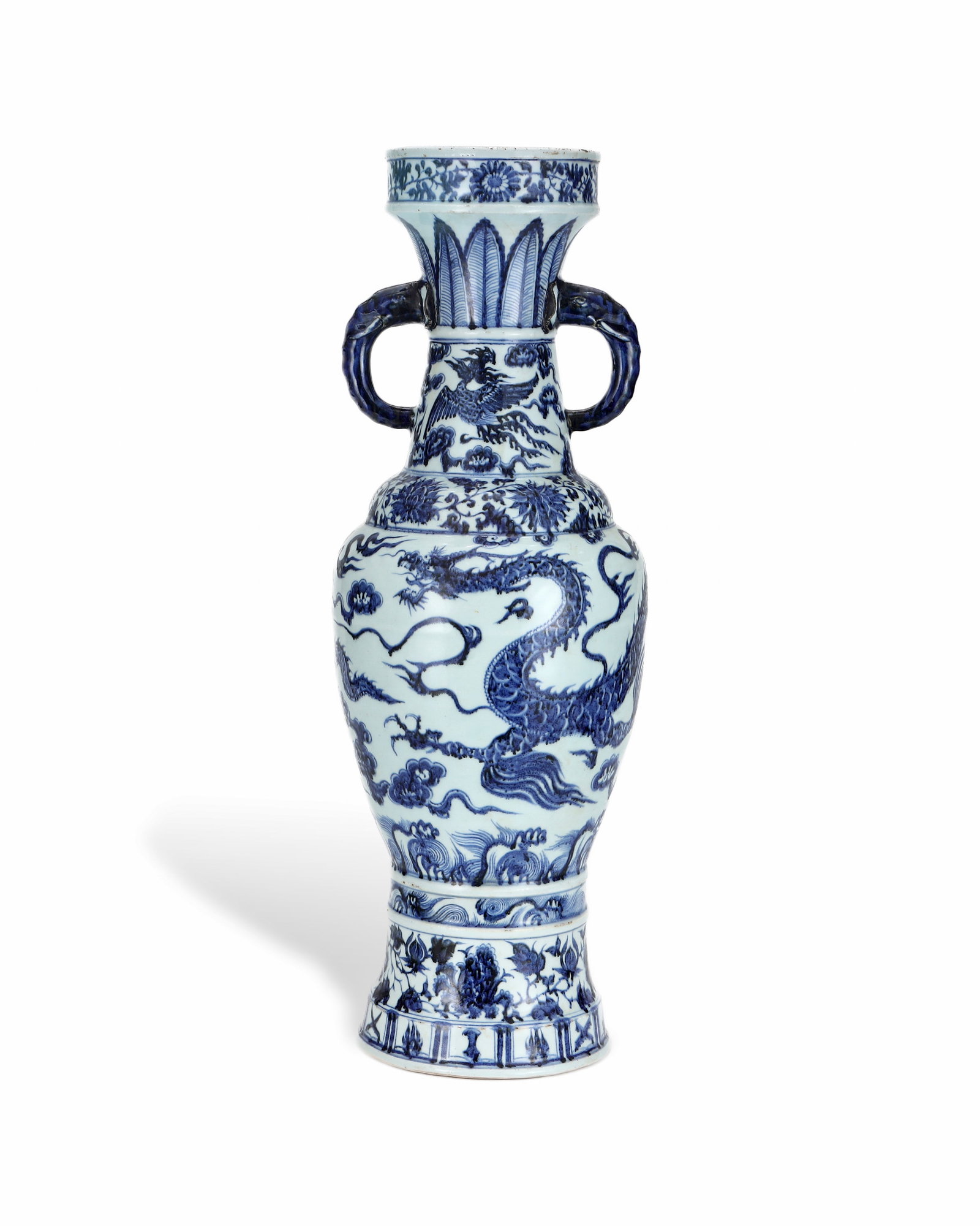YUAN BLUE AND WHITE DOUBLE-EARED VASE WITH DRAGON AND PHOENIX PATTERNS: H: 63.2cm W: 22cm