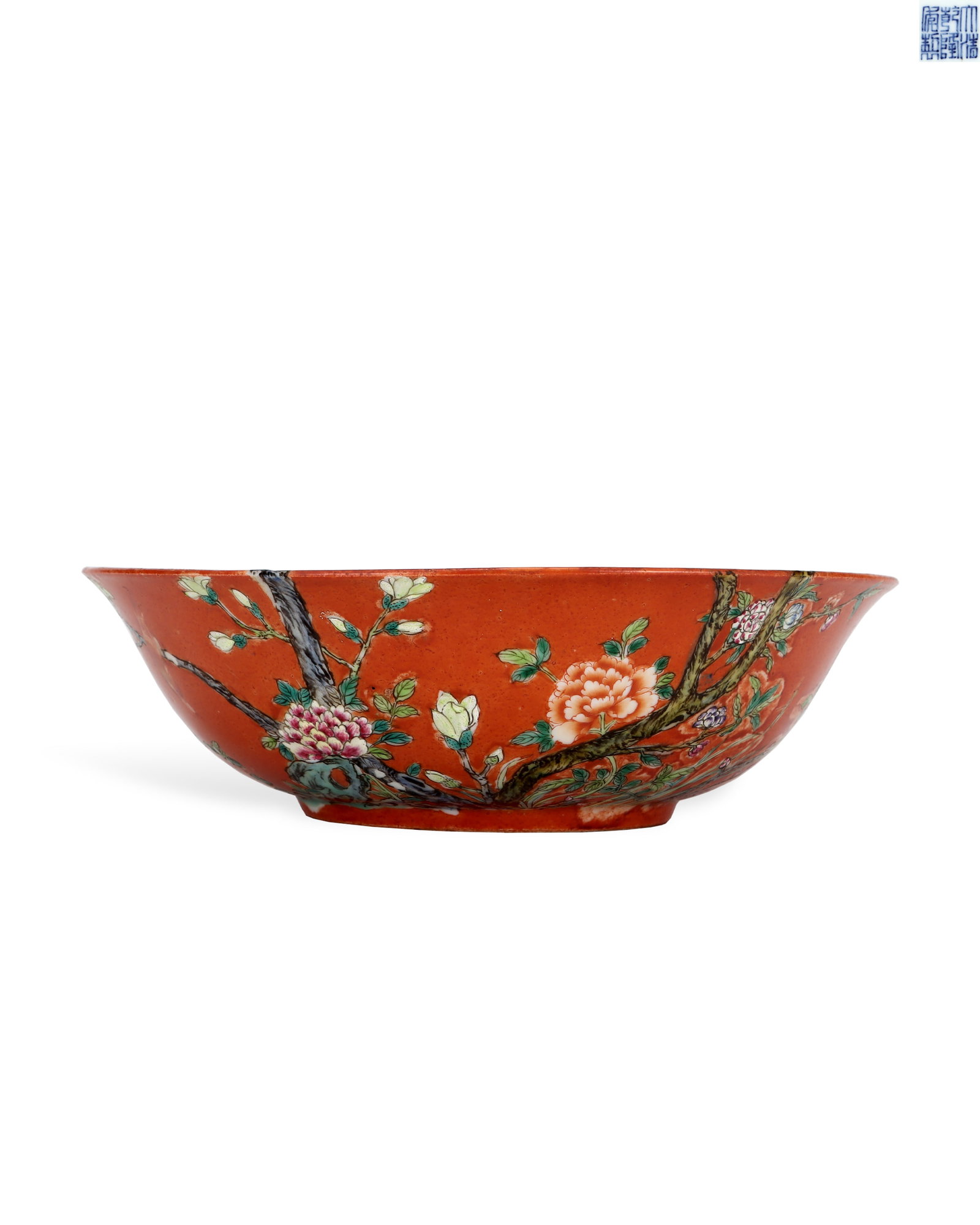 QING DYNASTY QIANLONG CORAL RED GROUND PASTEL FLOWER PATTERN BOWL: H: 6cm W: 23.3cm