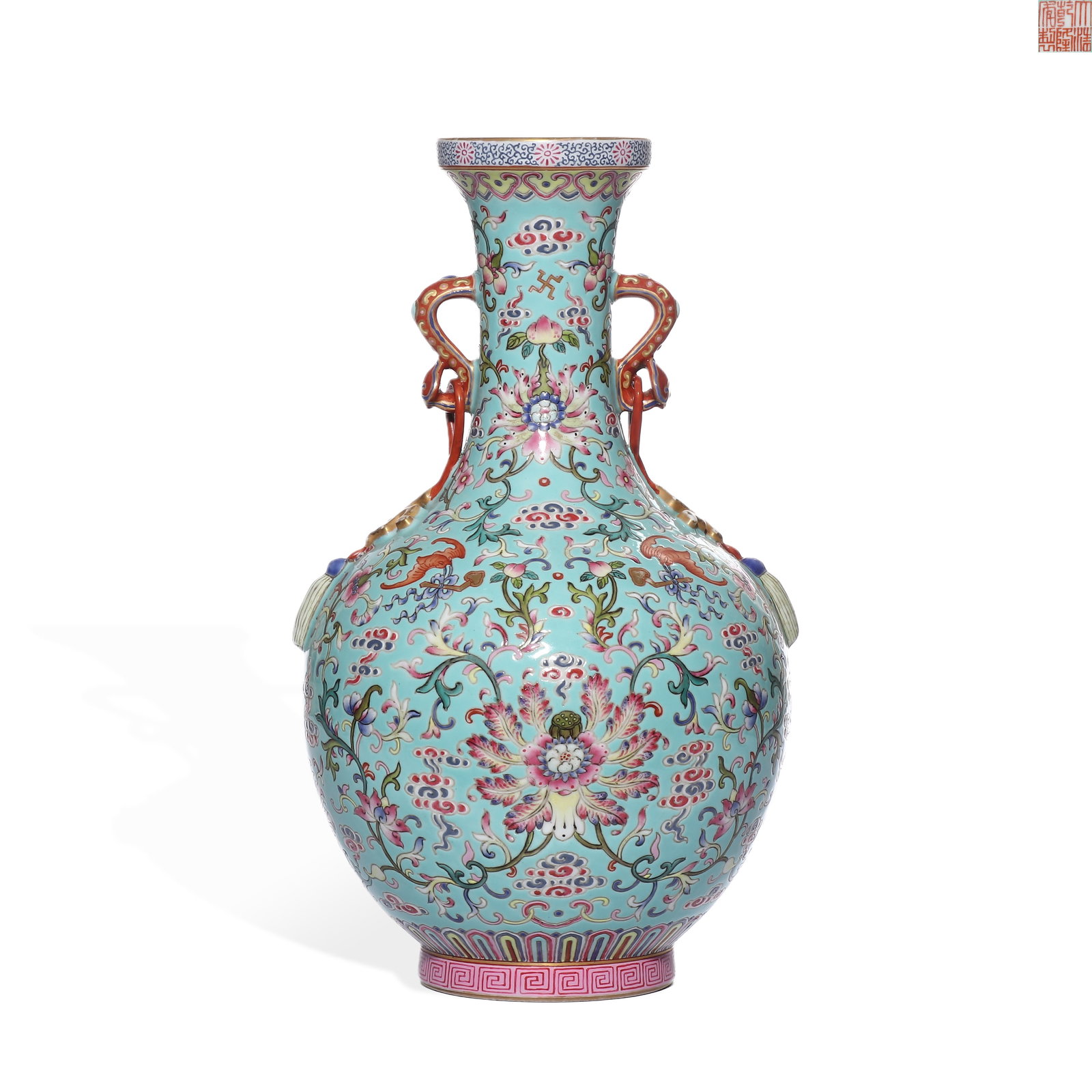 QING DYNASTY QIANLONG TURQUOISE GREEN SPACE PASTEL TWIN-BRANCH FLOWER PATTERN DOUBLE-EARED VASE: H: 34cm