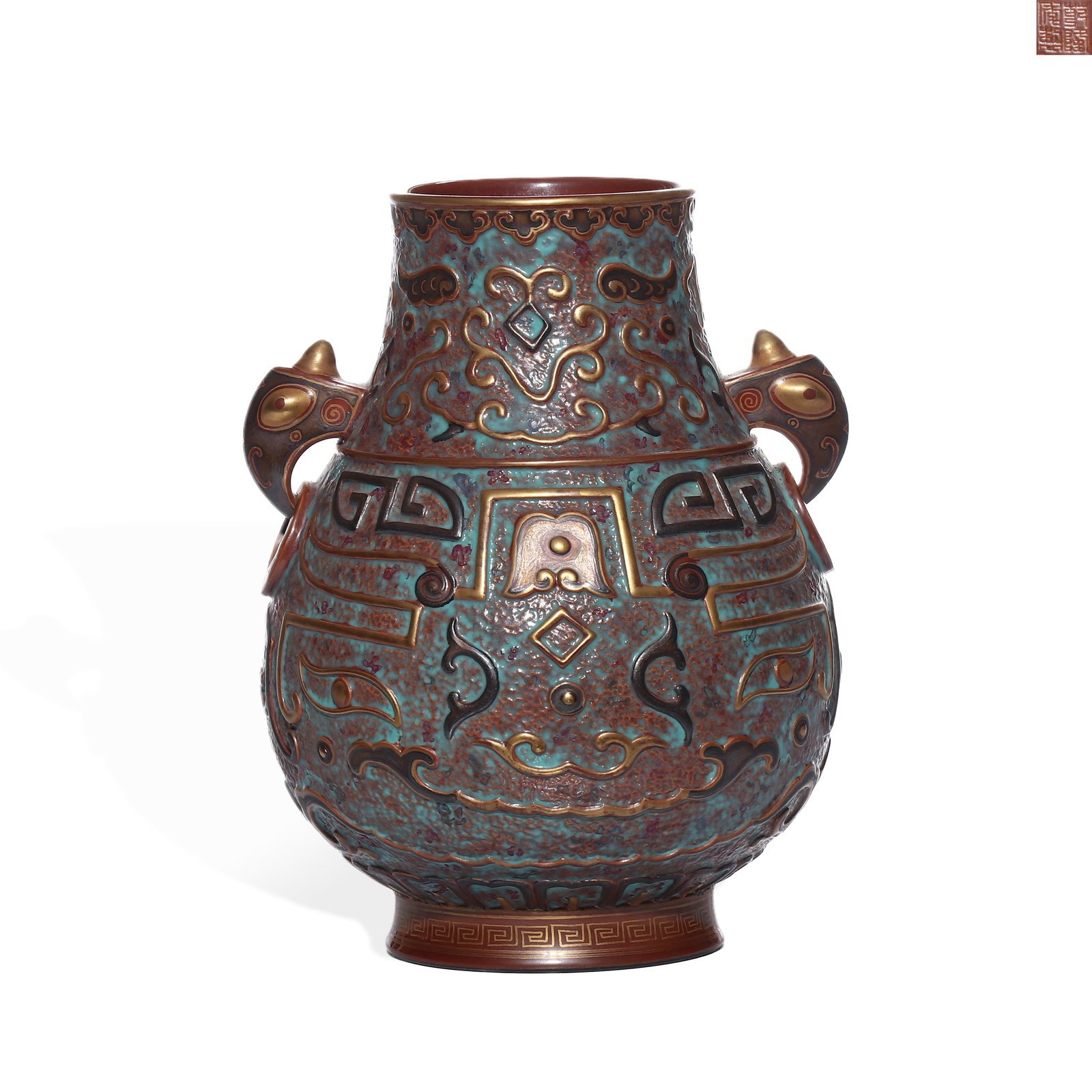 QING QIANLONG BRONZE GLAZED ANIMAL FACE PATTERN DOUBLE-EARED VASE: H: 20cm