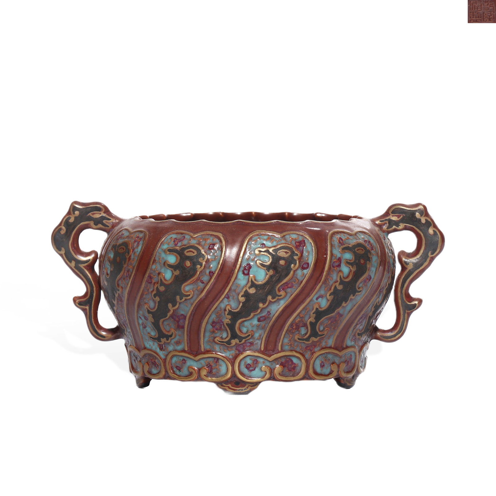 QING DYNASTY QIANLONG BRONZE GLAZED DOUBLE-EARED FURNACE WITH GILDED KUI AND PHOENIX PATTERNS: H: 5.6cm W: 11cm