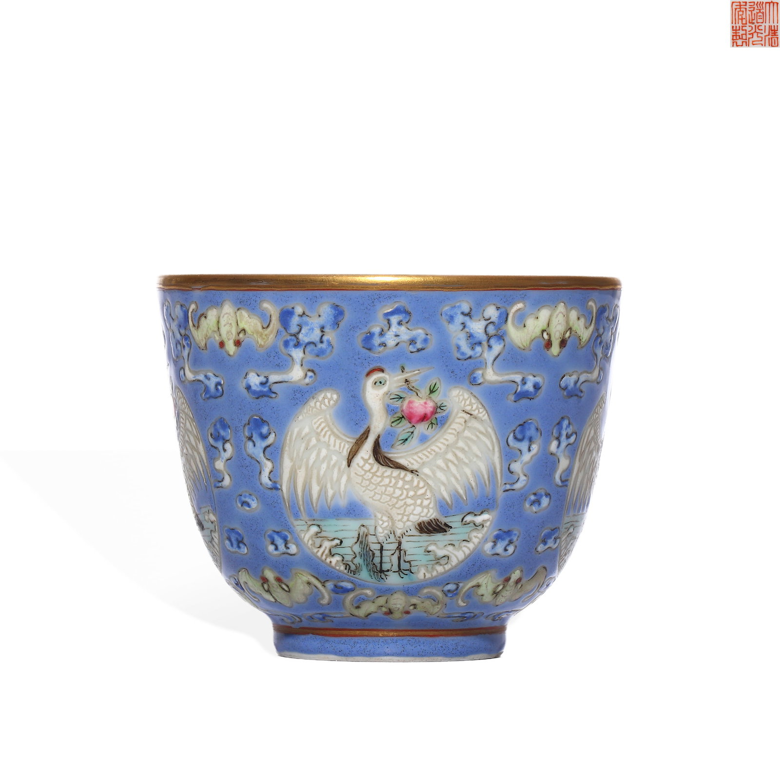 QING DAOGUANG BLUE GROUND PASTEL CRANE PATTERN CUP: H: 6, 2cm D: 7.6cm