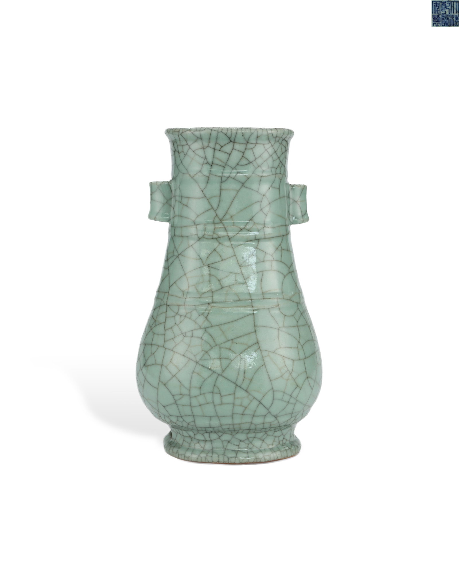 A QING DYNASTY QIANLONG IMITATION GE GLAZE DOUBLE-EARED VASE: L: 17.2cm H: 29.5cm