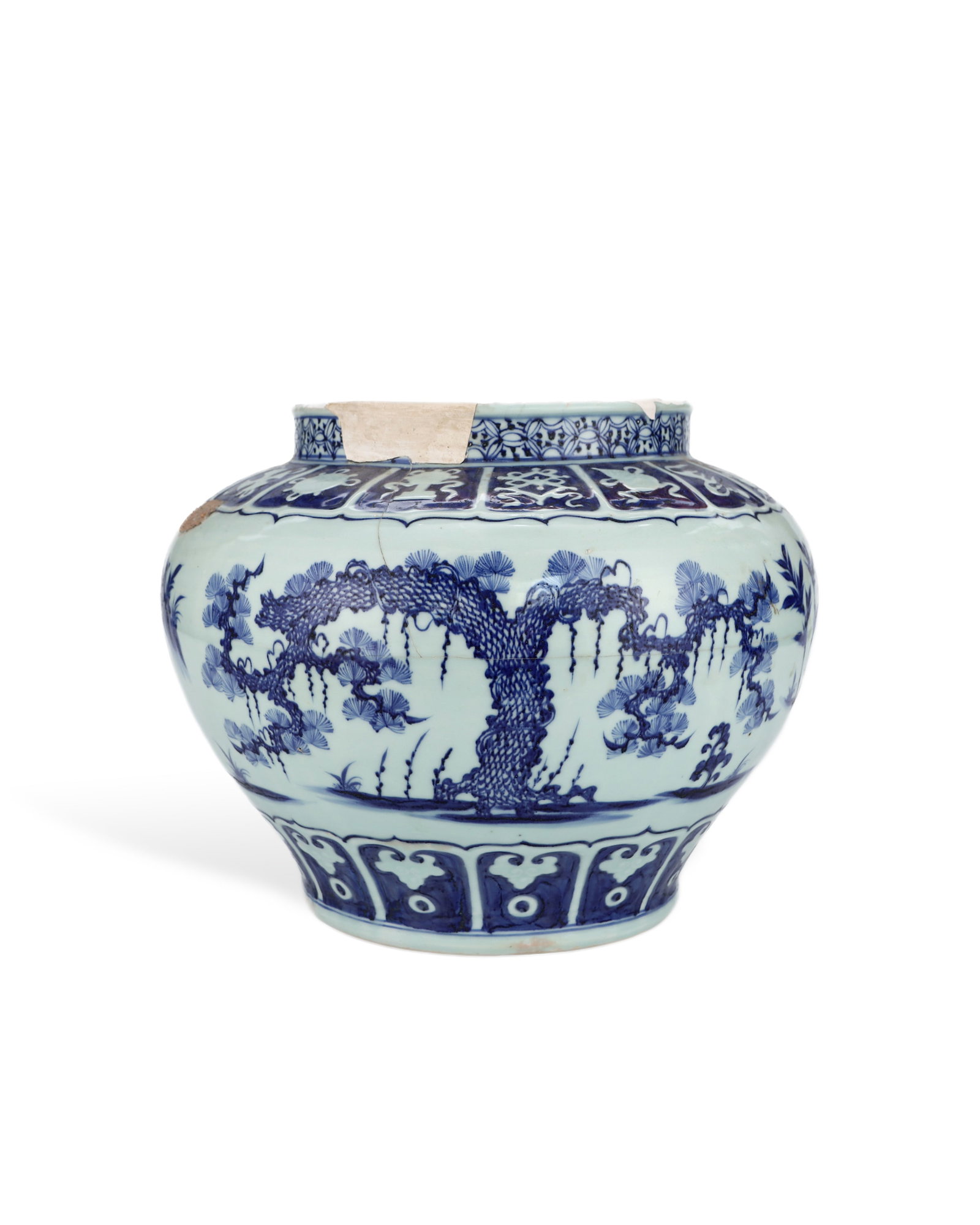 MING DYNASTY ORTHODOX BLUE AND WHITE WINTER THREE FRIENDS JAR: L: 36cm H: 29.2cm