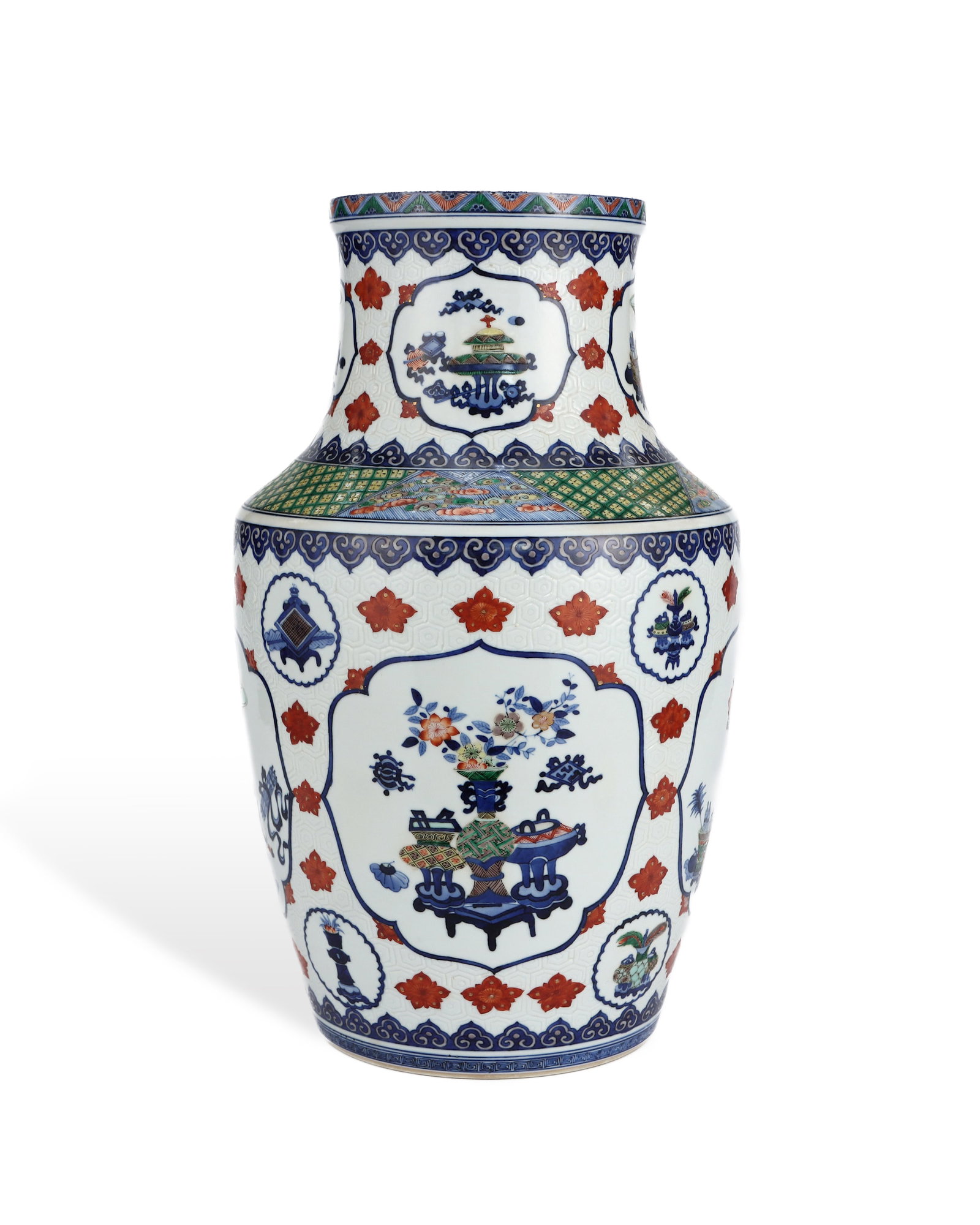 QING DYNASTY KANGXI BLUE AND WHITE FIVE-COLOR BROCADE GROUND CONSECRATE ANCIENT PATTERN STICK BOTTLE: L: 25.7cm H: 43cm
