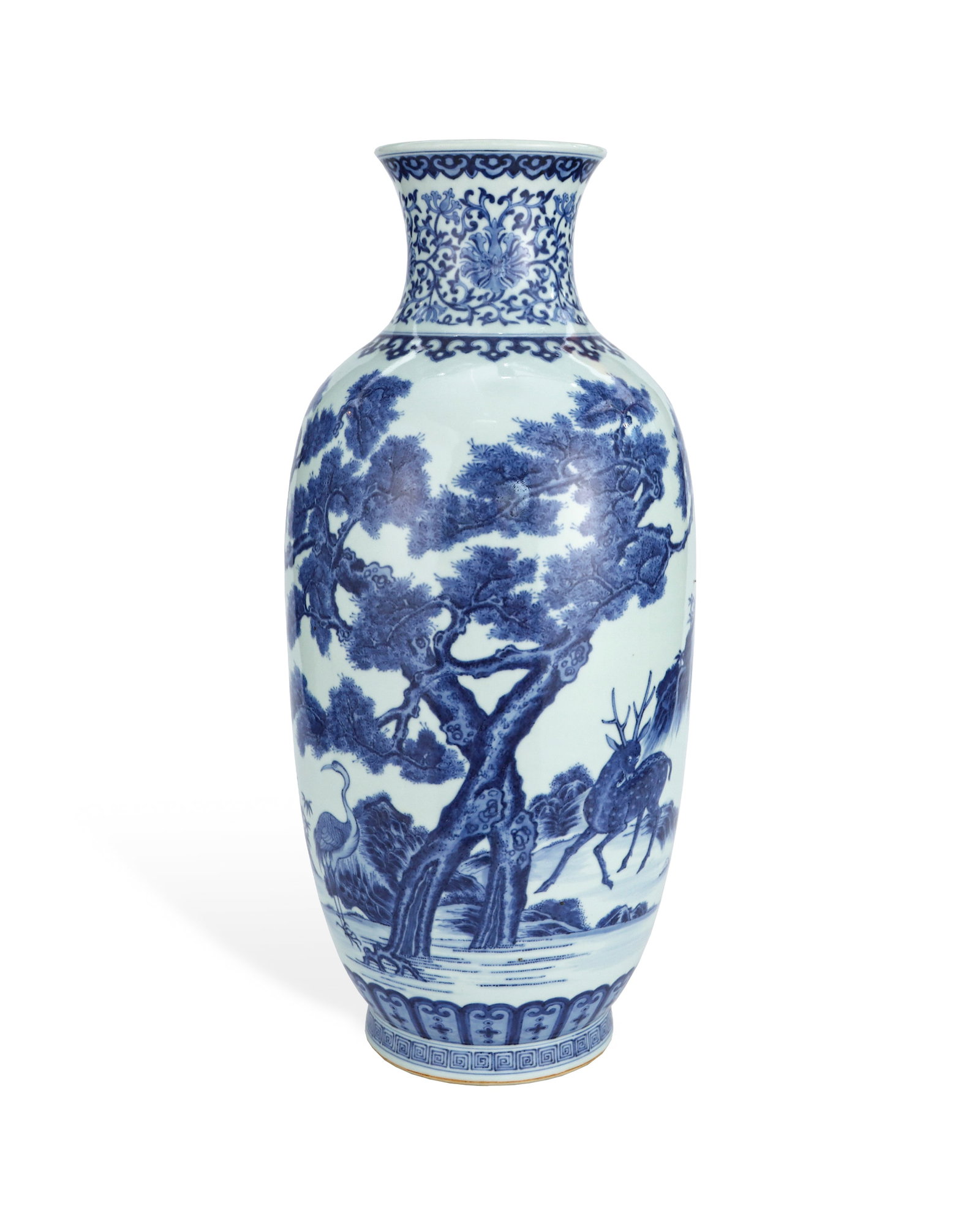 QING KANGXI BLUE AND WHITE CRANE AND DEER IN SPRING STICK VASE: L: 24cm H: 53.7cm
