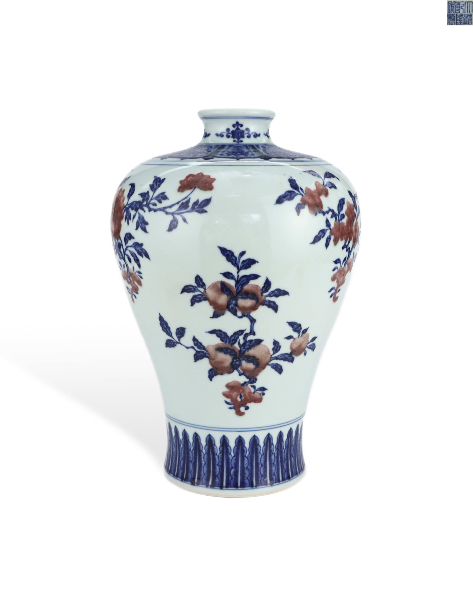 A QING DYNASTY QIANLONG BLUE AND WHITE UNDERGLAZE RED PLUM VASE WITH BRANCHES AND AUSPICIOUS FRUIT: L: 22.5cm H: 33.5cm