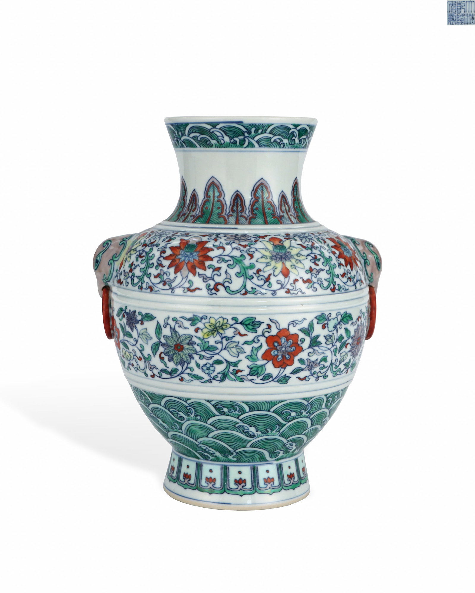 QING DYNASTY QIANLONG DOUCAI ENTWINED FLOWER PATTERN DOUBLE-EARED VASE: L: 21cm H: 26.8cm
