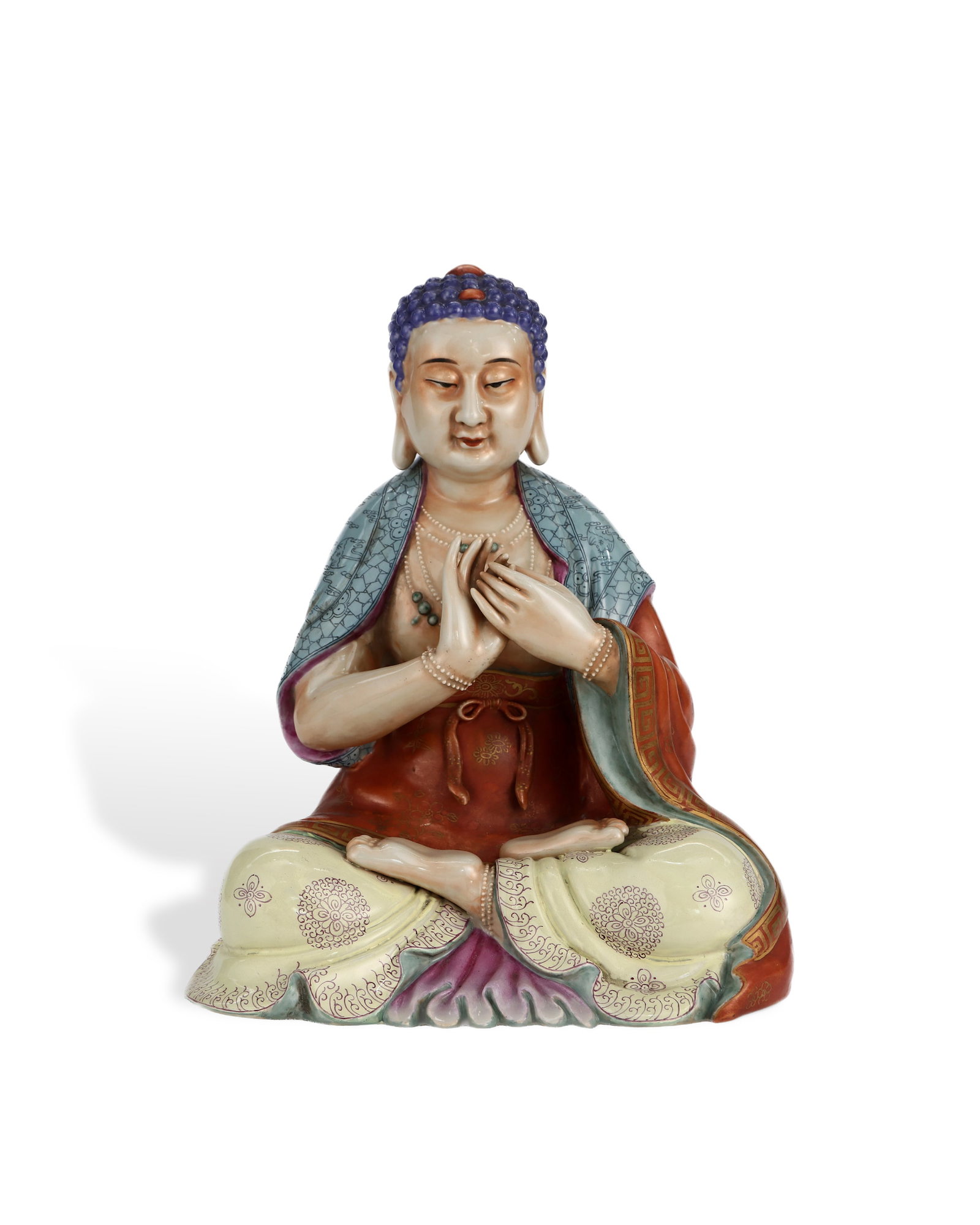 A SEATED BUDDHA IN PASTEL COLORS FROM THE QIANLONG PERIOD OF THE QING DYNASTY: L: 22.8cm H: 28.5cm