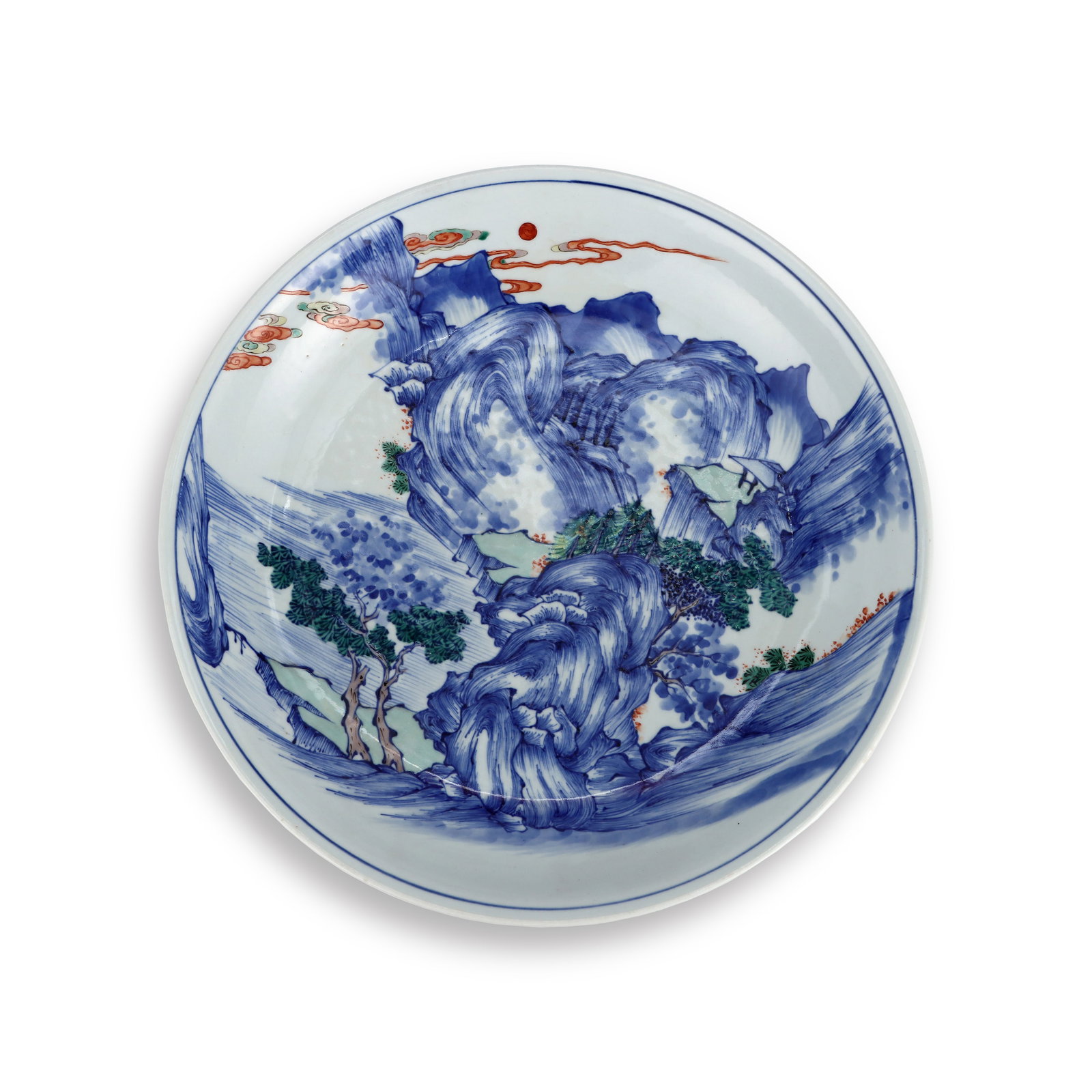 QING KANGXI BLUE AND WHITE UNDERGLAZE RED LANDSCAPE PATTERN PLATE: D: 33cm