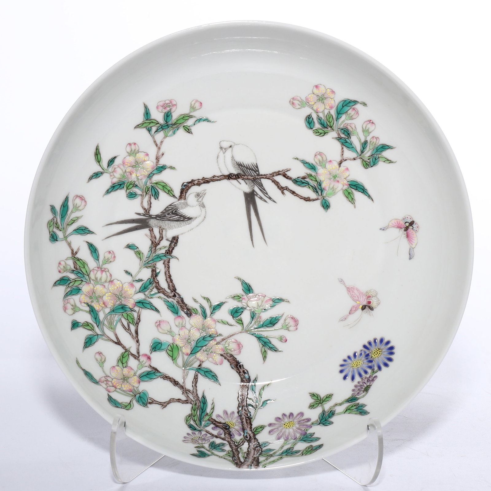QING YONGZHENG PASTEL FLOWER-AND-BIRD PATTERN PLATE: D: 20cm