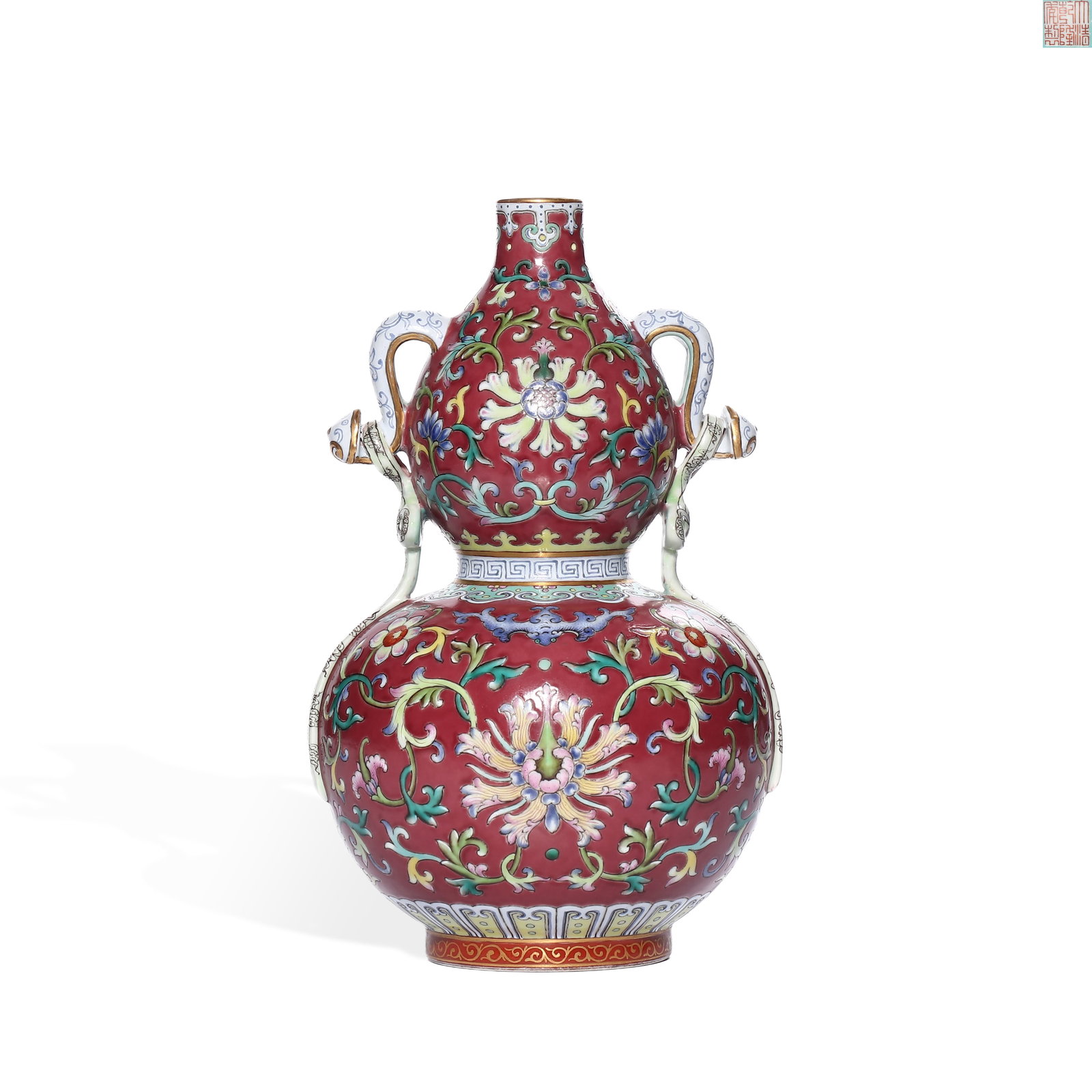 A GOURD-SHAPED VASE WITH A ROSE-PINK GROUND AND A LOTUS PATTERN AND A SASH WITH A RUYI EAR (1 of 5)