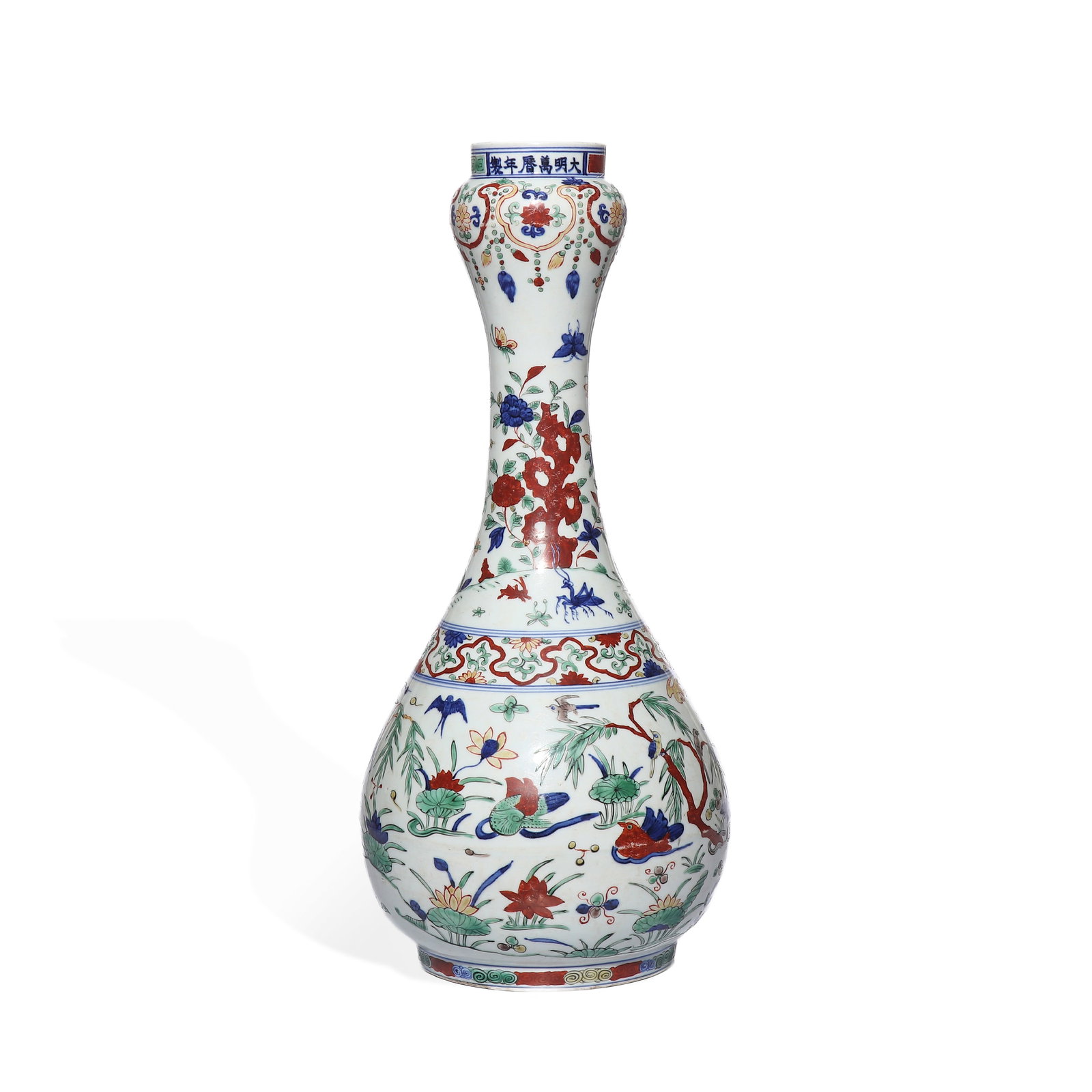 MING WANLI BLUE AND WHITE FIVE-COLOR LOTUS POND MANDARIN DUCKS GARLIC-HEADED VASE (1 of 5)